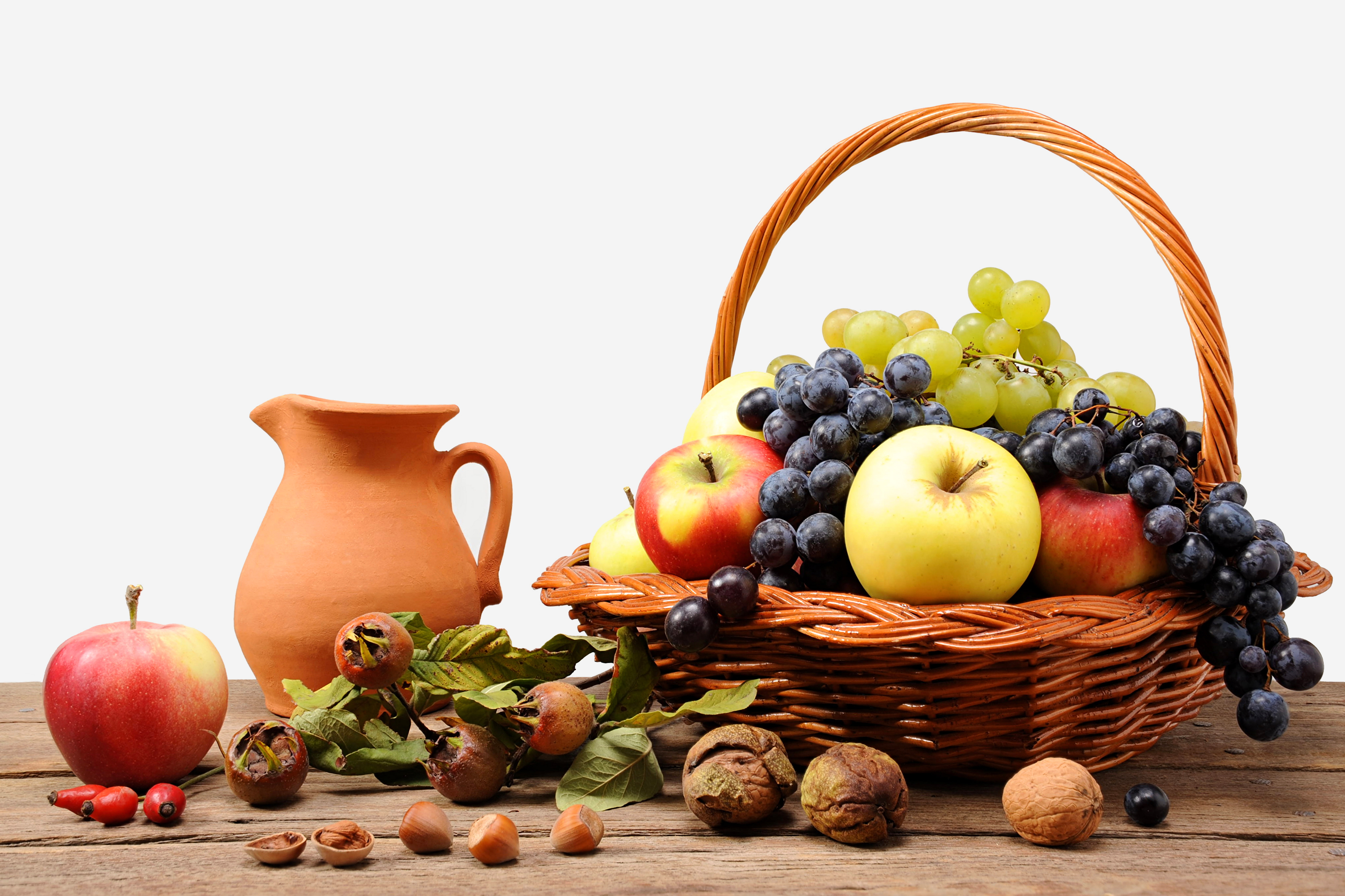 pitcher, apples, grapes, 8K, briar, fruit, basket, nuts, HD Wallpaper