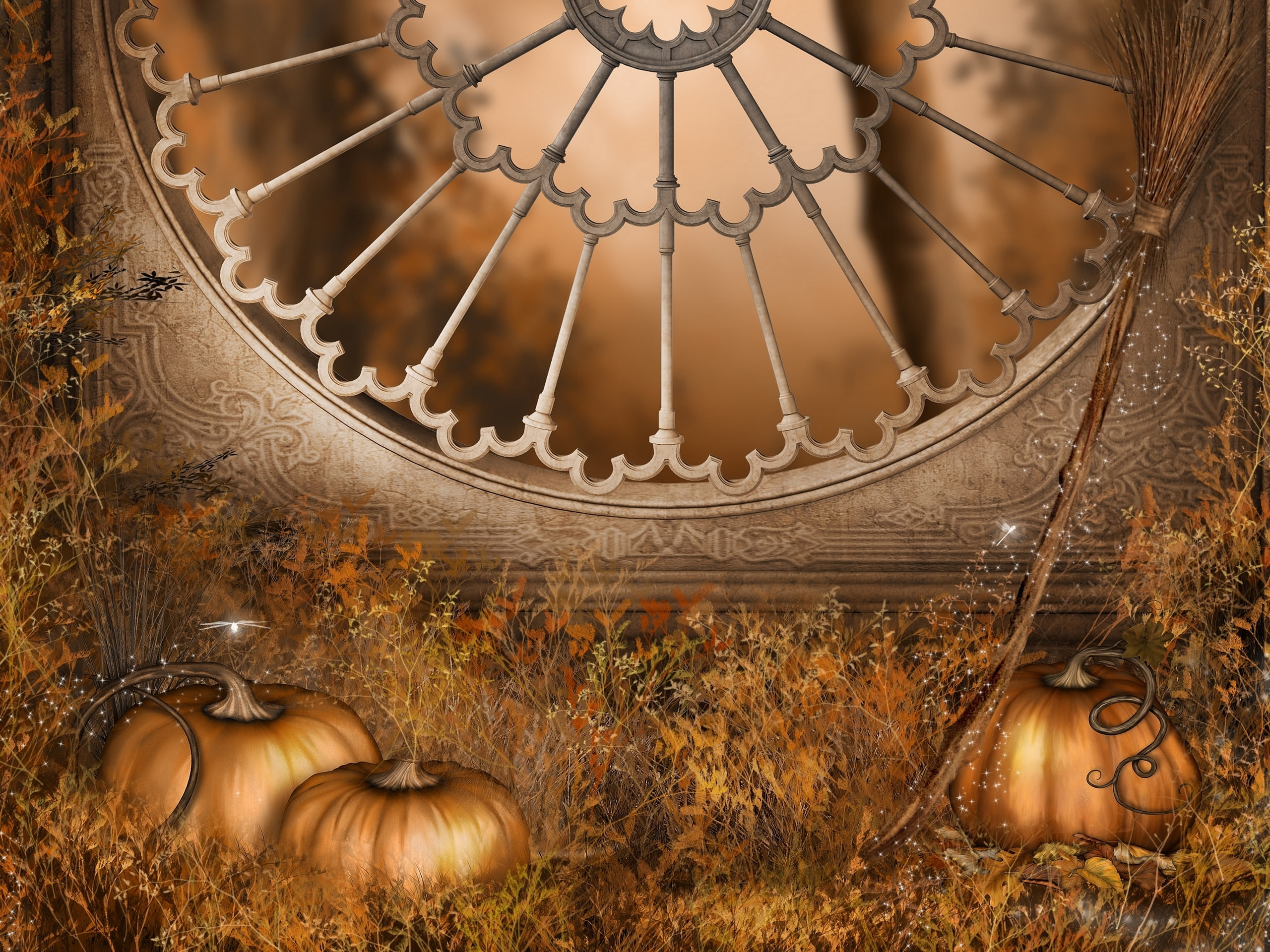 All saints day, All Hallows day, October 31, Halloween, holiday, broom, pumpkin, Halloween, jack-o-lantern, The eve of all saints day, autumn, Gothic architecture, HD Wallpaper