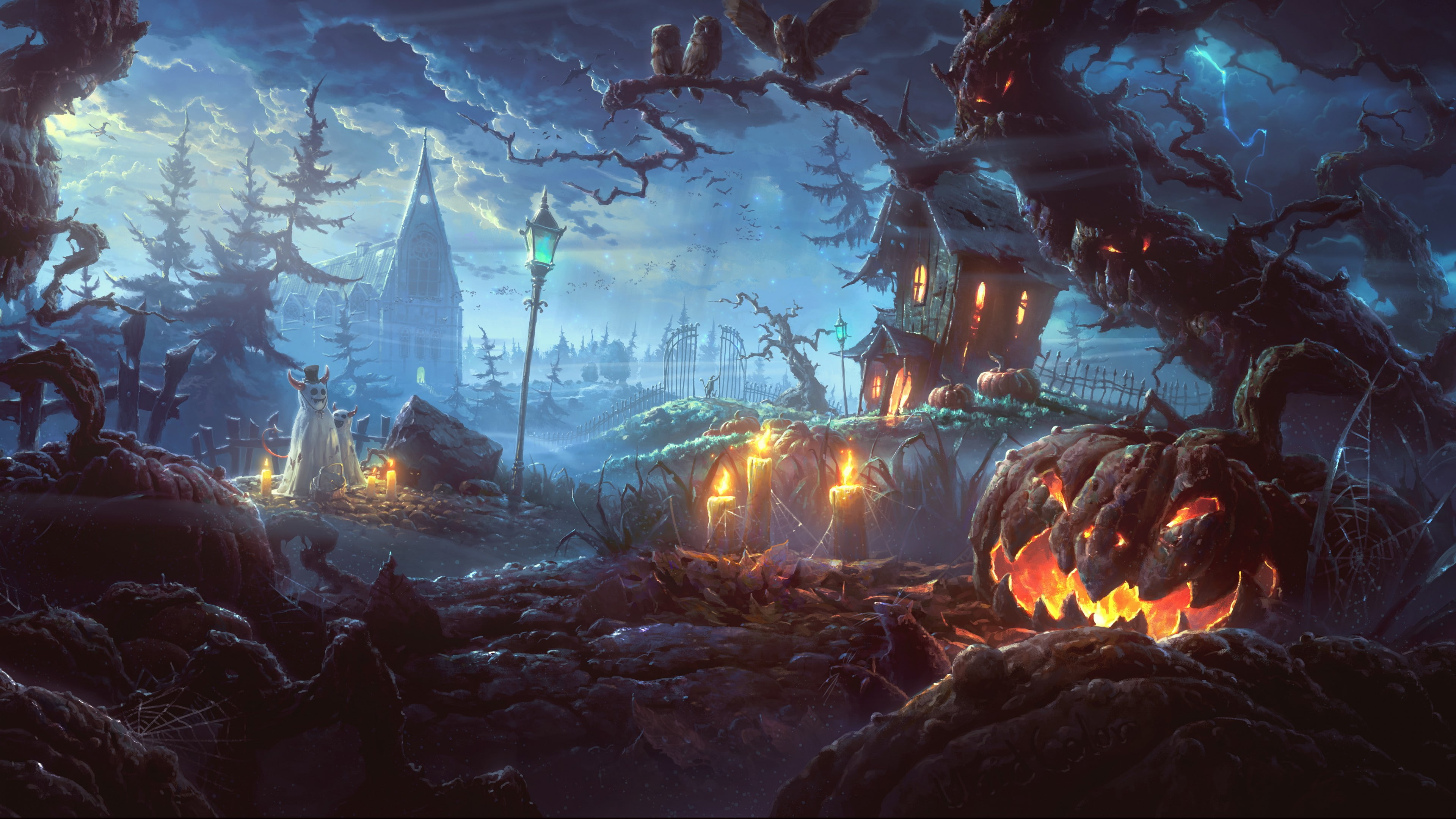 Halloween, Holiday, 31 October, forest, 4K, castle, pumpkin host, HD Wallpaper