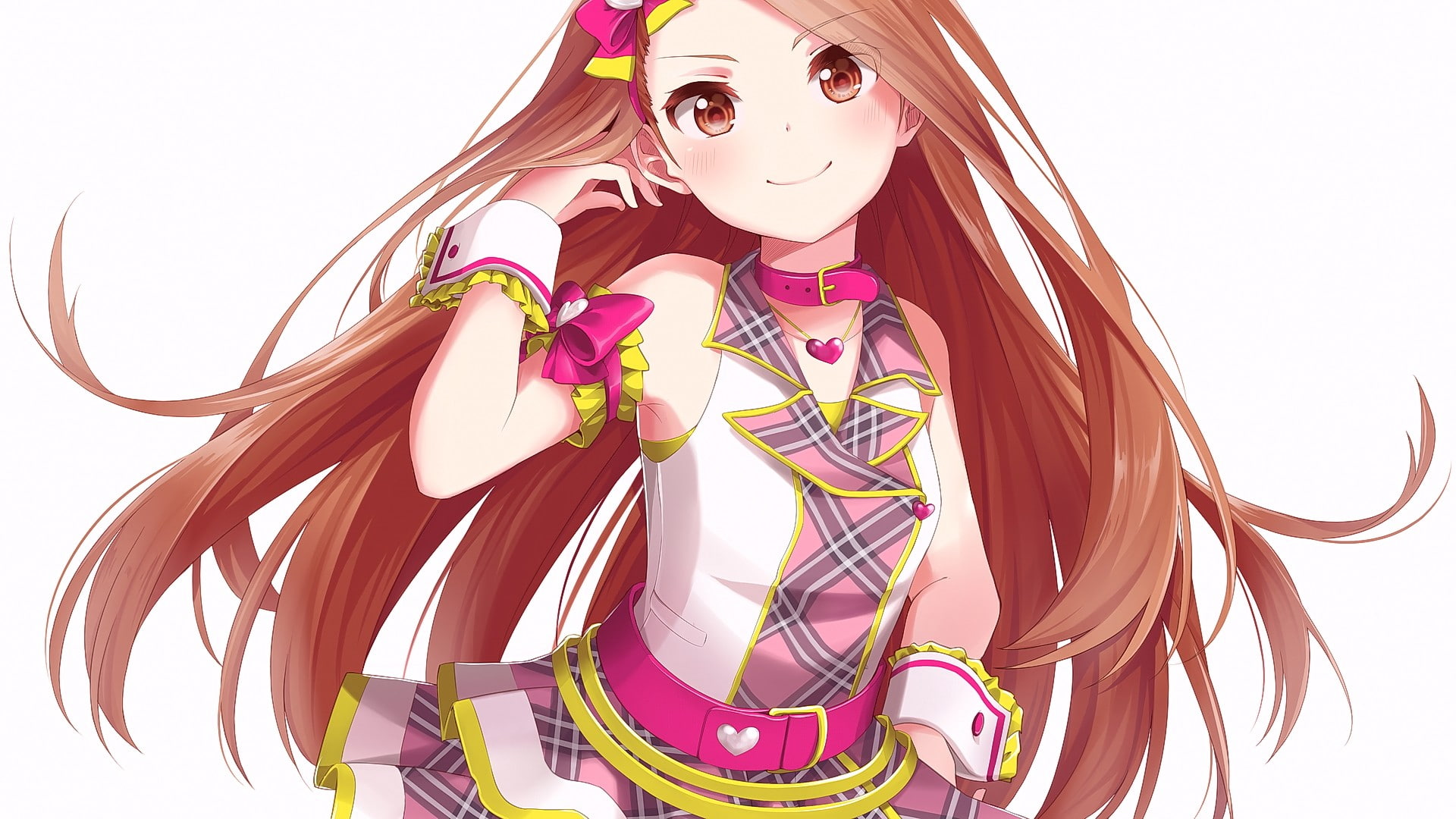 white background, smiling, 1080P, THE iDOLM@STER, anime, looking at viewer, long hair, brunette, anime girls, brown eyes, Minase Iori, HD Wallpaper