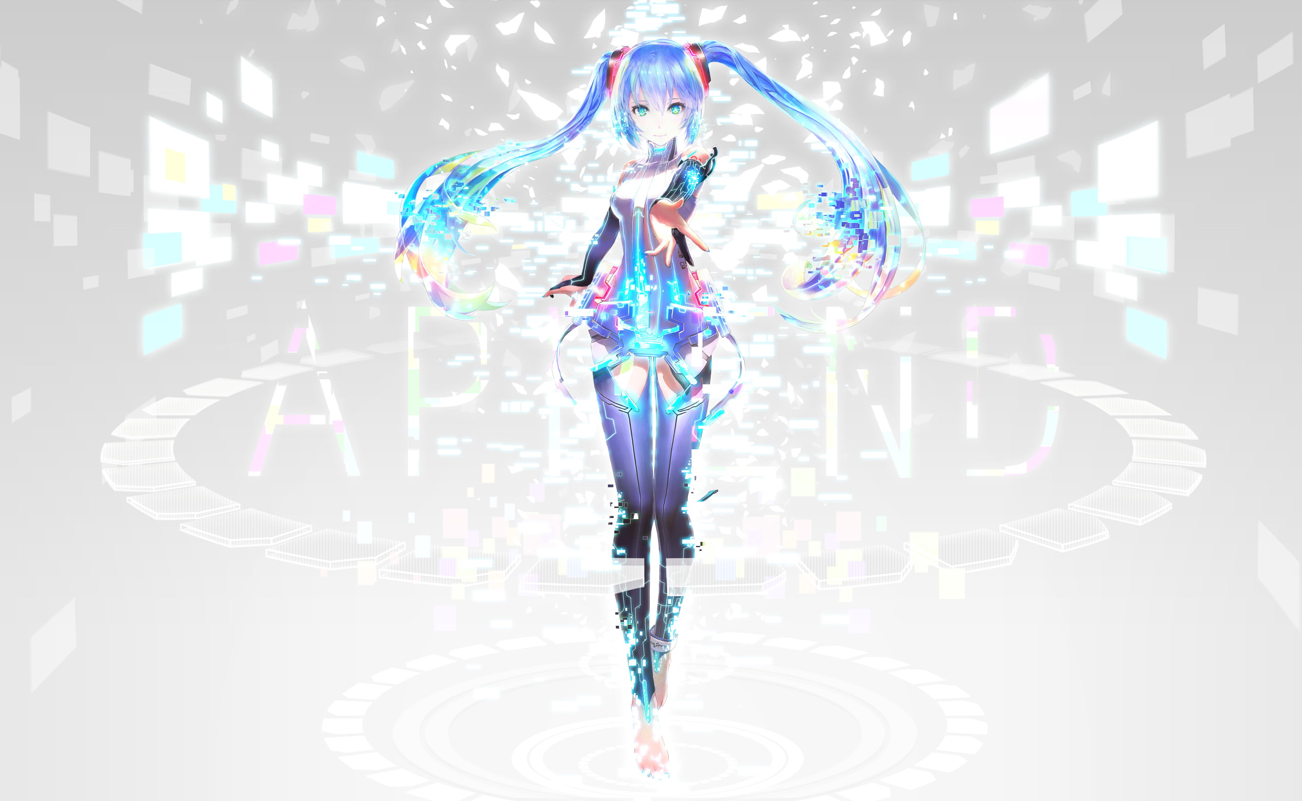 hatsune miku, illuminated, indoors, blue, art, shiny, studio shot, digital composite, gesture, background, technology, white background, multi colored, HD Wallpaper