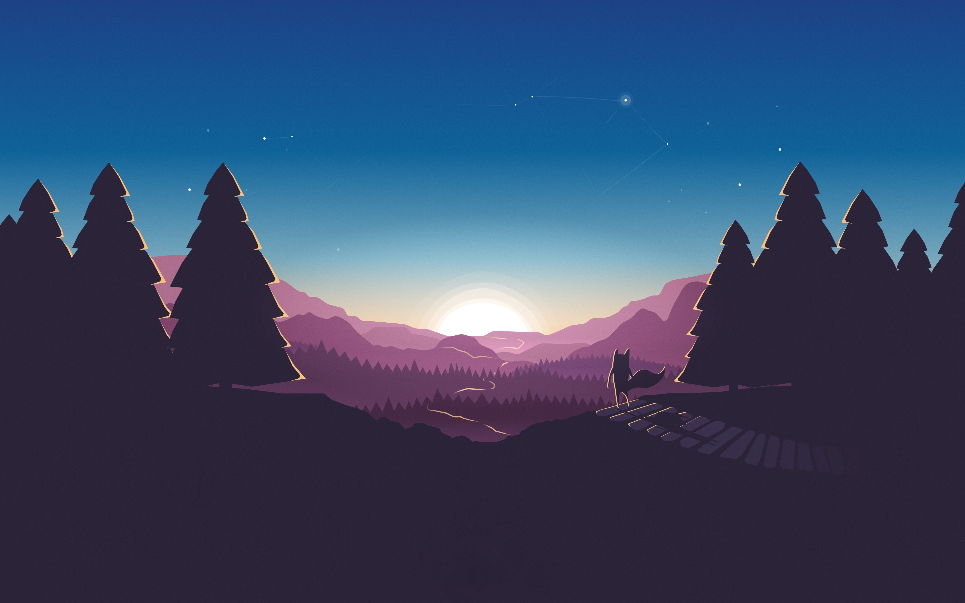 4K, Minimal, 4K, Illustration, Sunset, Fox, HD Wallpaper