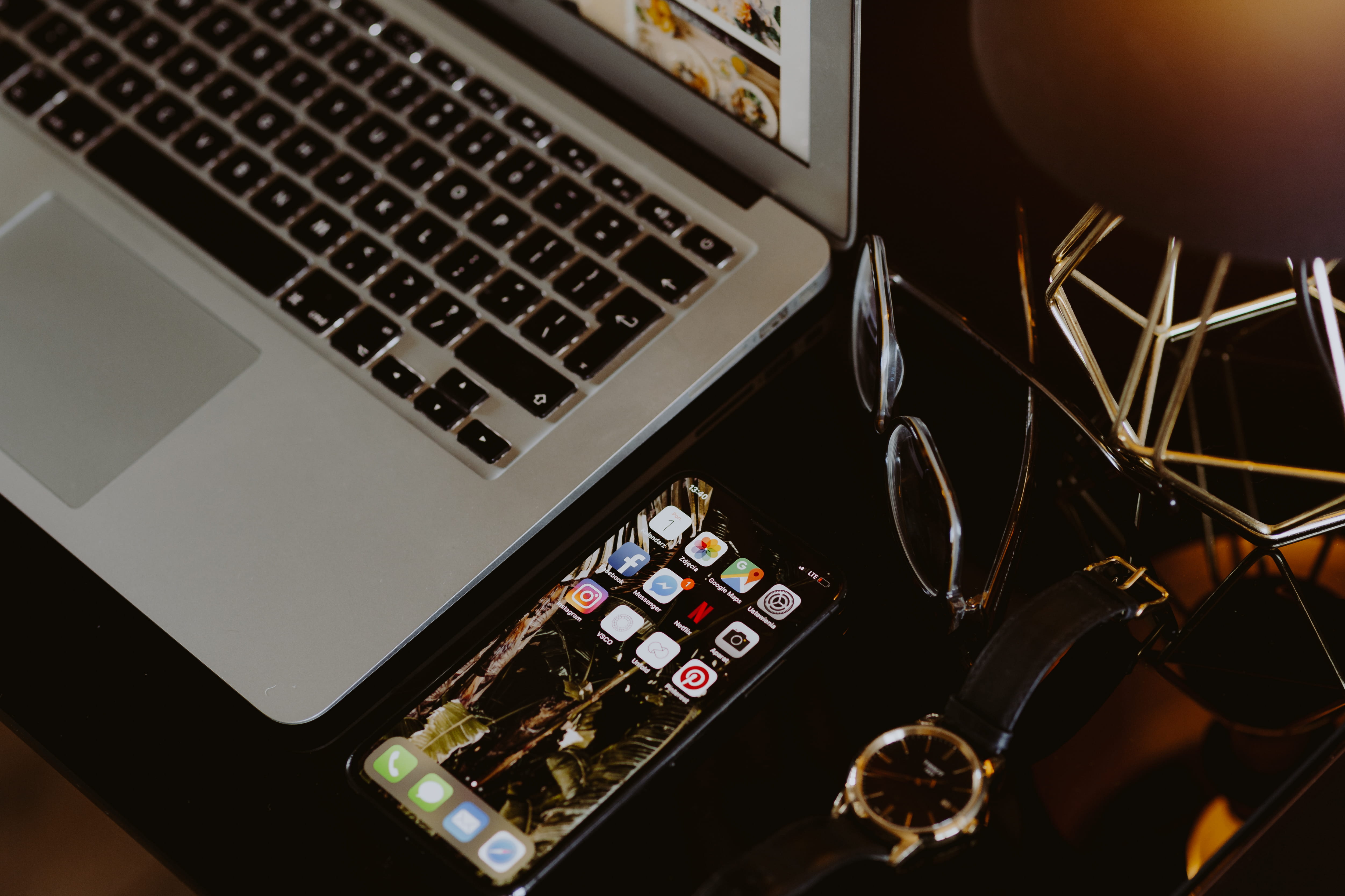 gold, macbook air, workspace, 4K, phone, interior, picture, black desk, high angle view, control, laptop, frame, indoor, computer, home, golden, internet, HD Wallpaper