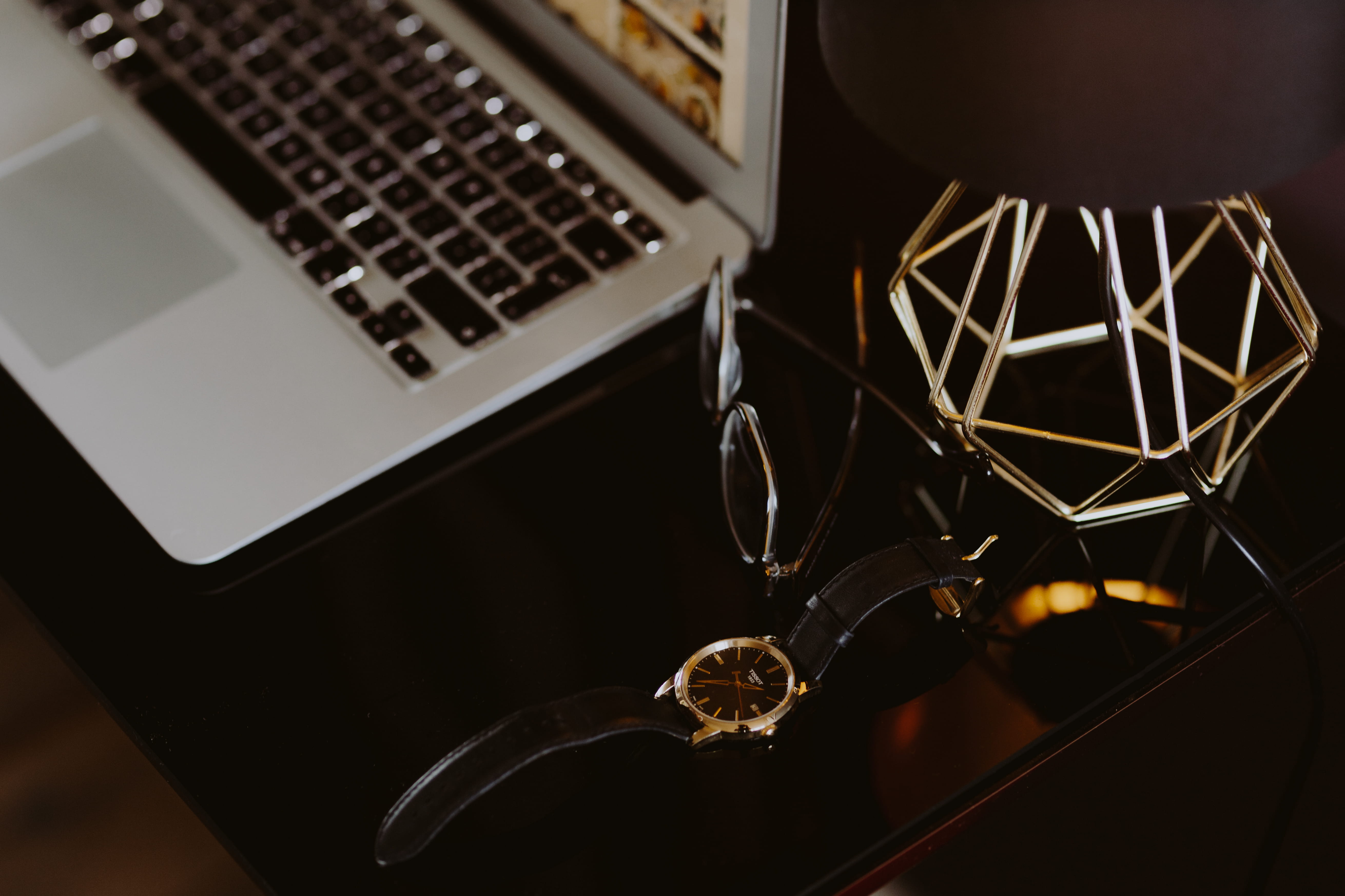 screen, black desk, office, accessories, gold, picture, technology, home, studio shot, silver colored, home office, business, close-up, interior, table, HD Wallpaper