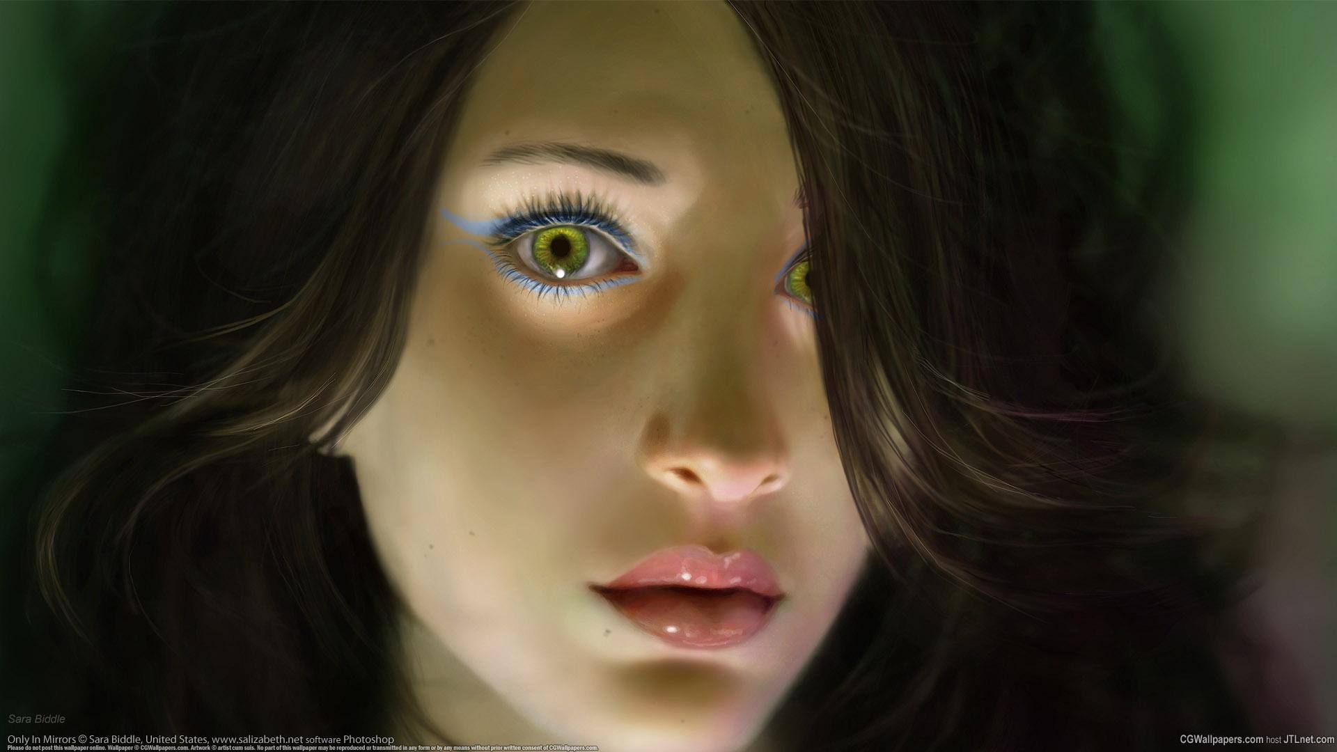 fairy, dream, angel, abstract, green eyes, green, girl, 3d, fantasy, mirrors, women, horrified, 1080P, HD Wallpaper