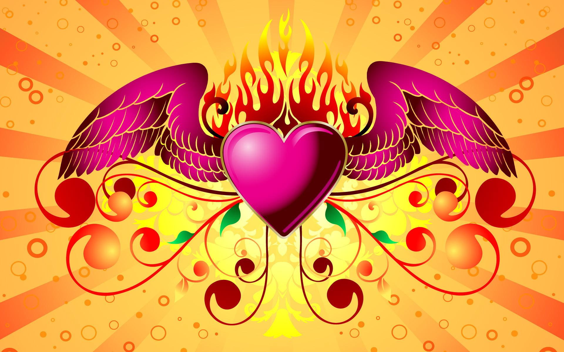vector, 3d and abstract, pink, colors, 1080P, valentine, love, green, abstract, yellow, wings, heart, HD Wallpaper