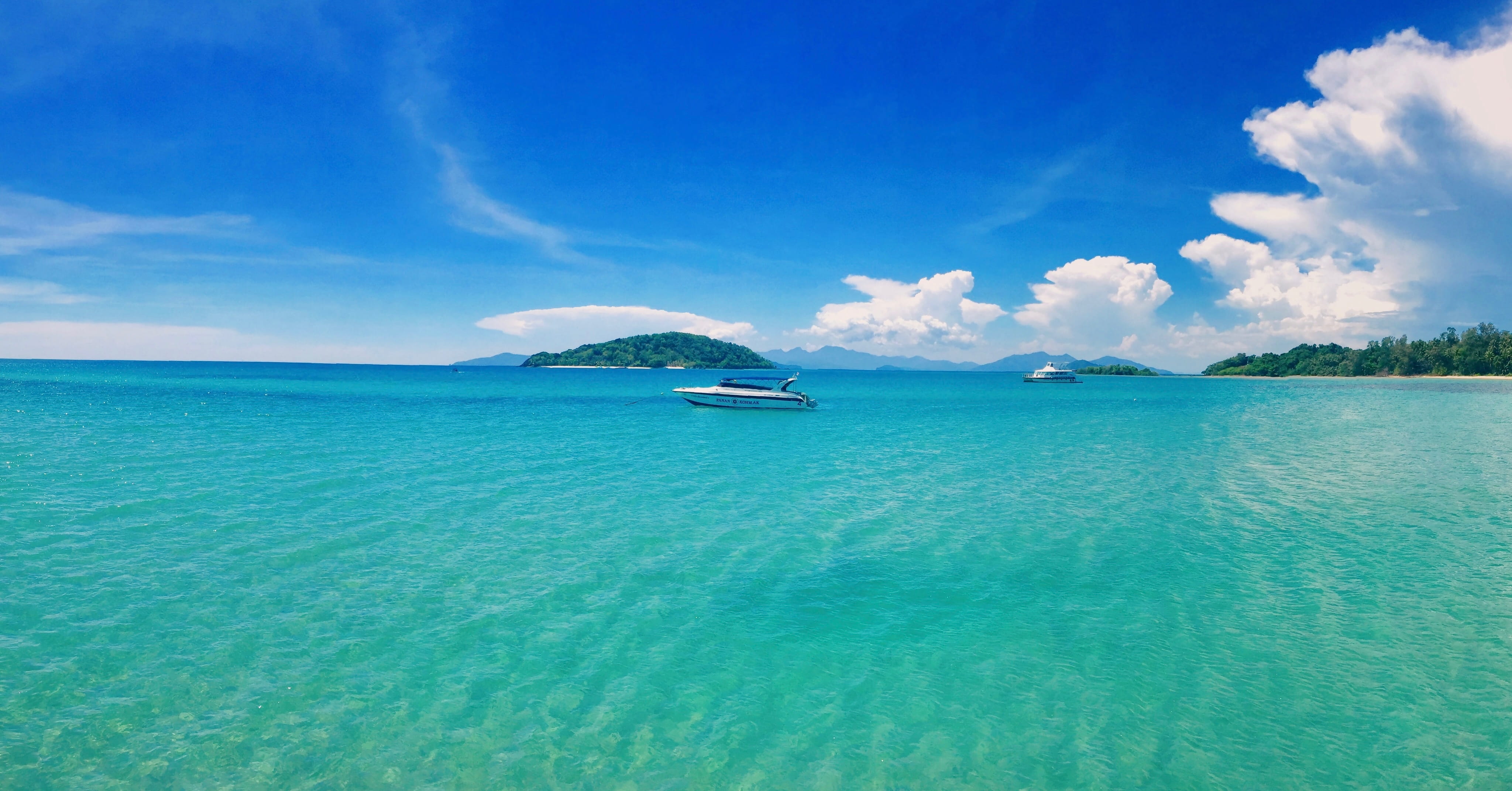 sky, turquoise colored, outdoors, tranquility, boat, nature, horizon over water, land, yacht, island, day, sea, passenger craft, thailand, no people, transportation, HD Wallpaper
