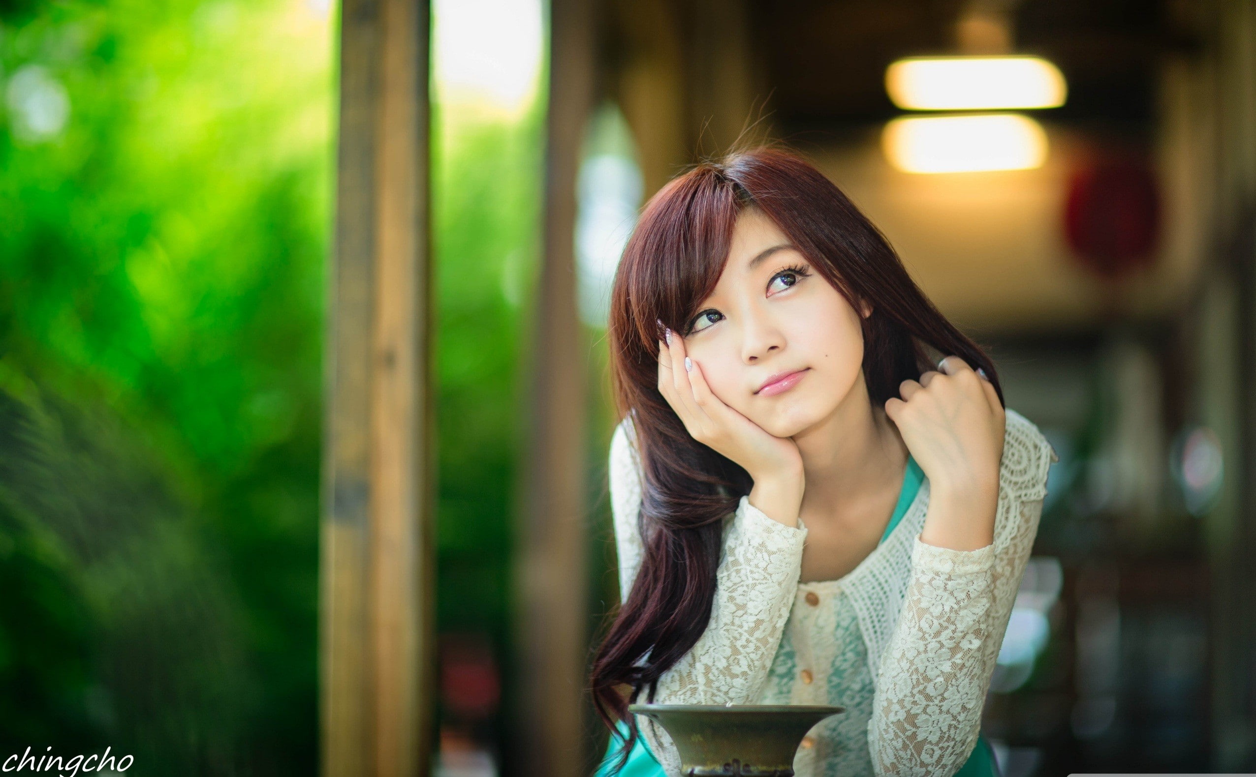 redhead, Asian, 1080P, thinking, white dress, women, pink lipstick, chingcho Chang, looking away, hands in hair, women outdoors, chingcho, black eyes, HD Wallpaper