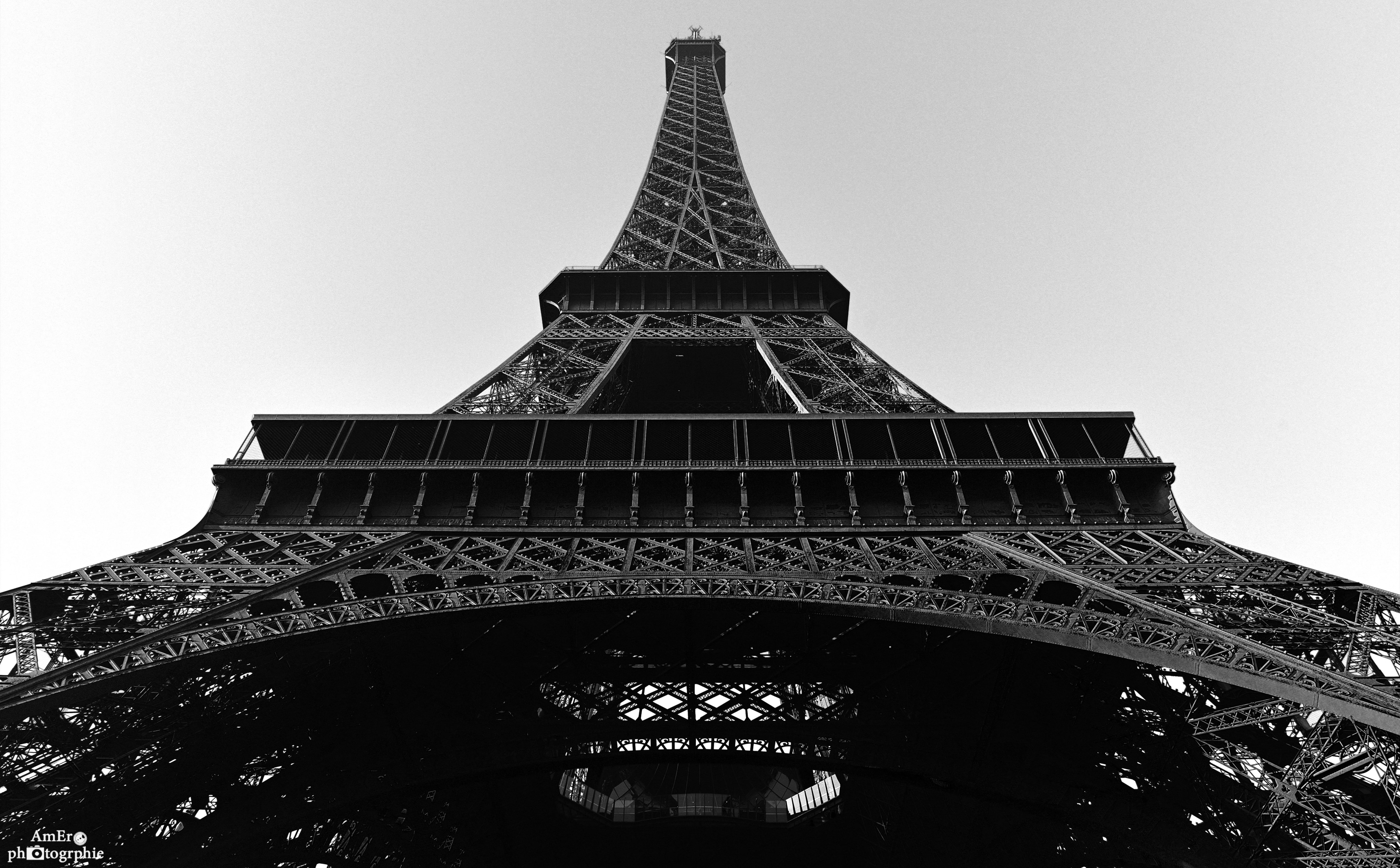 5K, Black and White, France, built structure, Urban, must-see, nature, Eiffel, blackandwhite, Travel, metal, history, Black, sky, no people, Architecture, HD Wallpaper