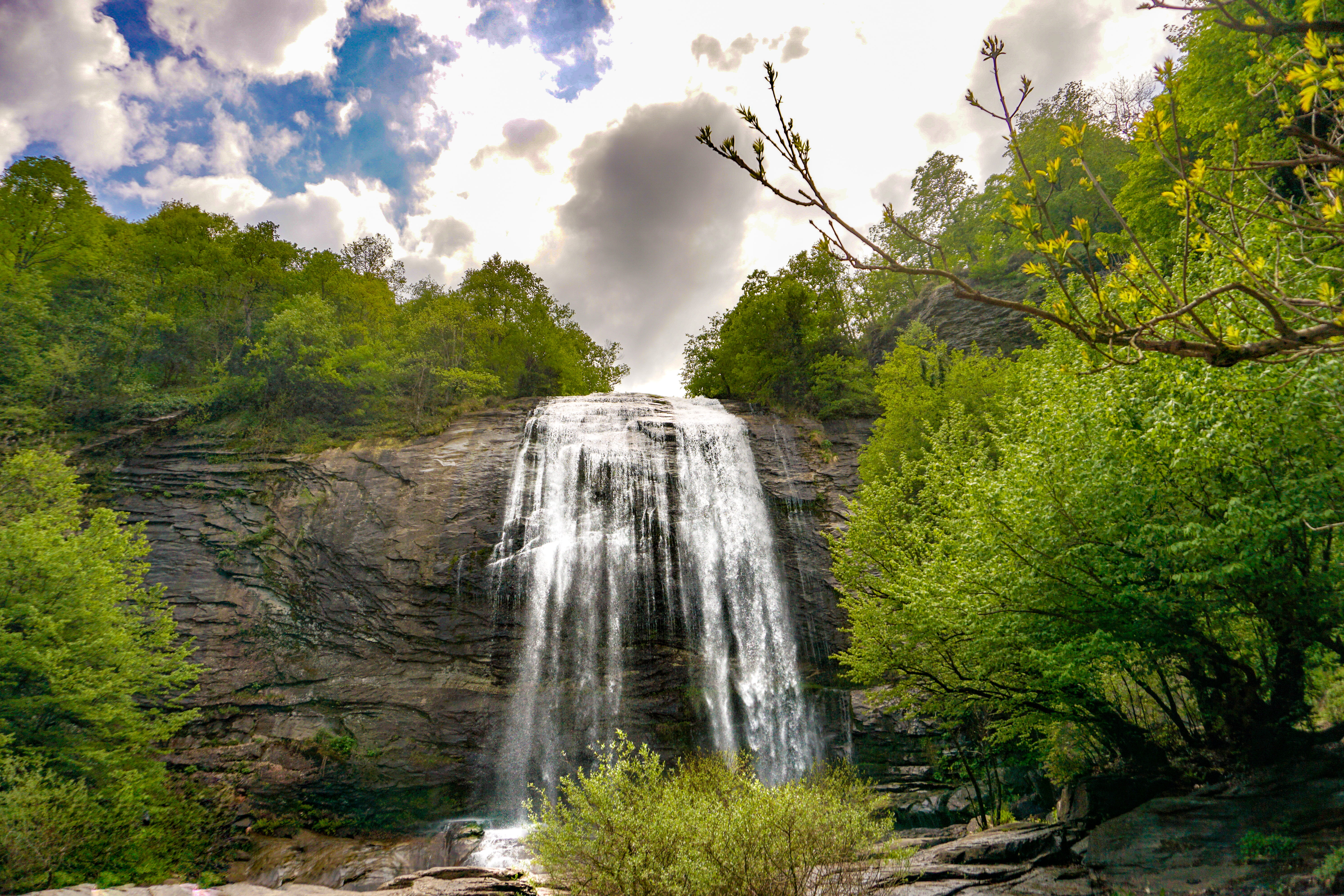 cloud - sky, sky, trees, wheather, rainforest, outdoors, photo, day, land, plant, water, nature, motion, green color, flowing water, long exposure, growth, HD Wallpaper