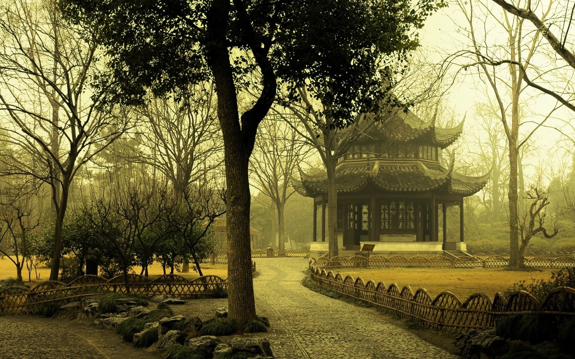trees, shrine, path, park, mist, 1080P, nature, Asian, temple, building, fence, landscape, stones, branch, Asian architecture, cityscape, Japan, filter, HD Wallpaper