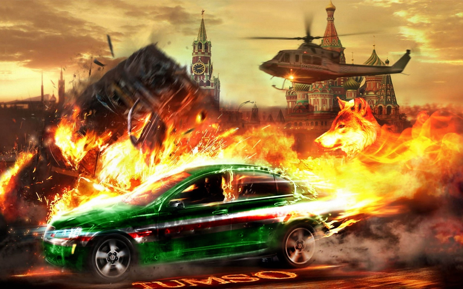 1080P, Car, green, Helicopter, sedan, Kremlin, Chase, illustration, HD Wallpaper