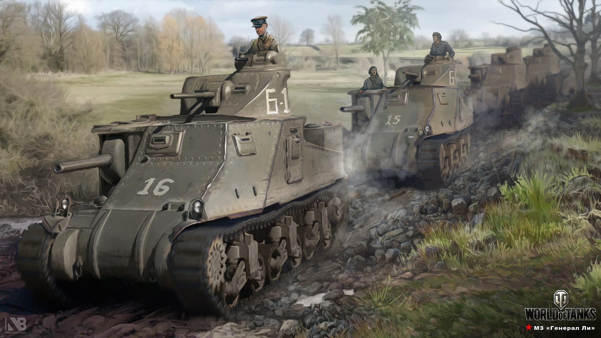 field, Nikita Bolyakov, tanks, M3 Lee, American, tankers, 1080P, art, column, forest, road, World of Tanks, figure, HD Wallpaper