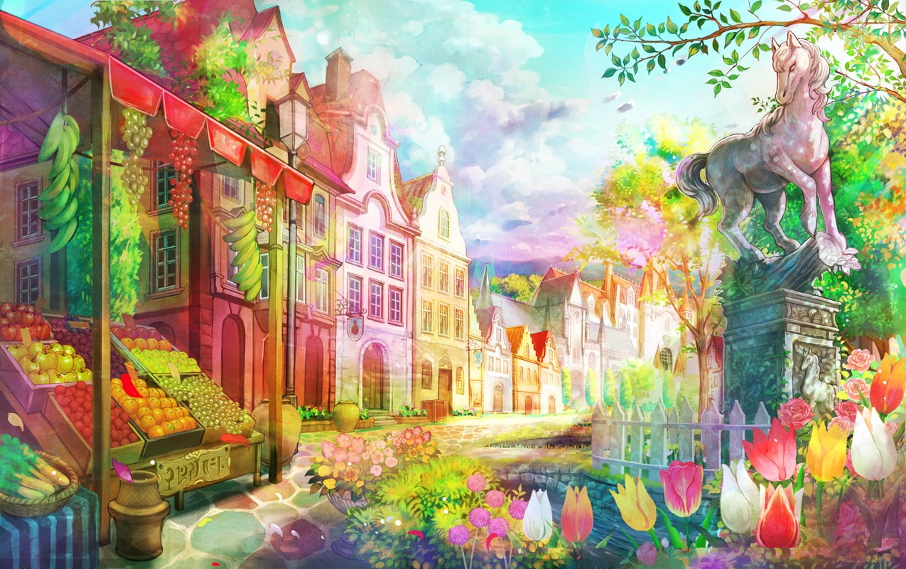creativity, day, flower, flowering plant, building exterior, horse, human representation, village, 480P, architecture, fruit, flowers, multi colored, built structure, HD Wallpaper