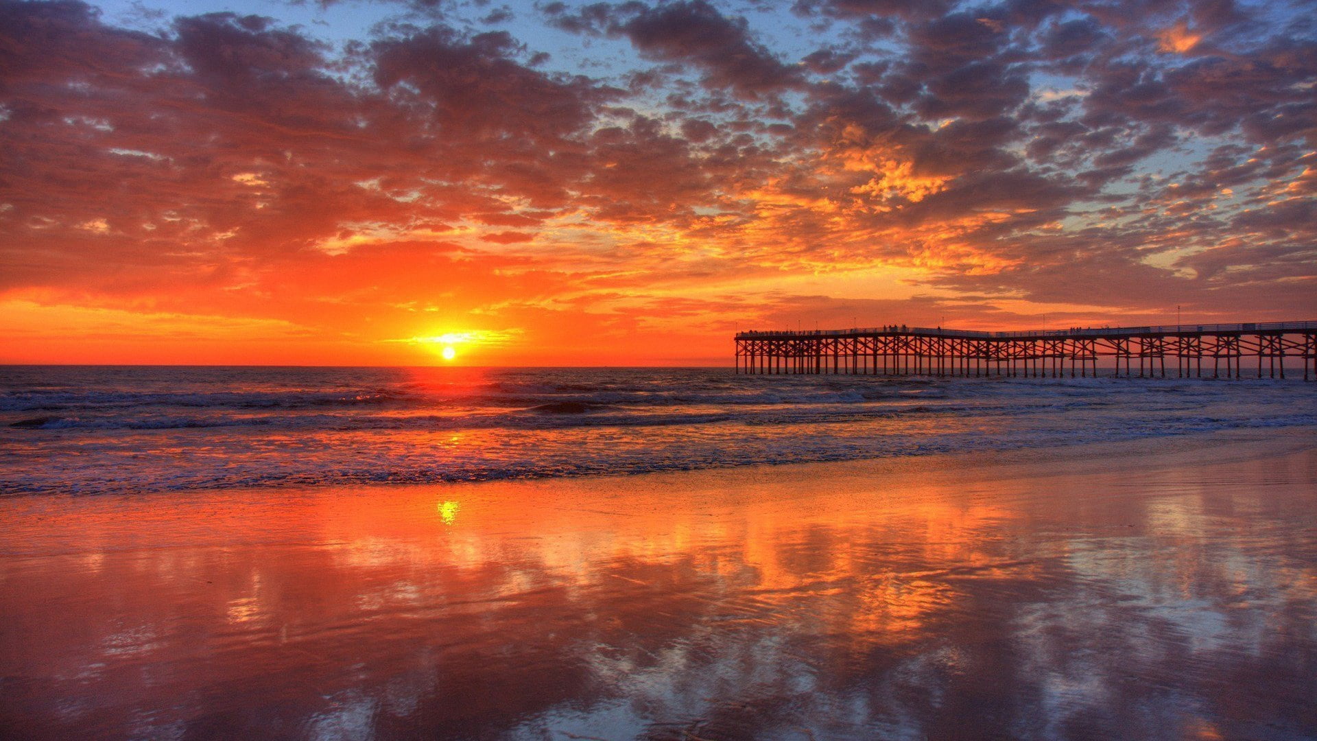 sunset, 1080P, orange color, horizon, horizon over water, beach, tranquility, built structure, land, beauty in nature, full h-d  of nature 1920x1080, nature, HD Wallpaper