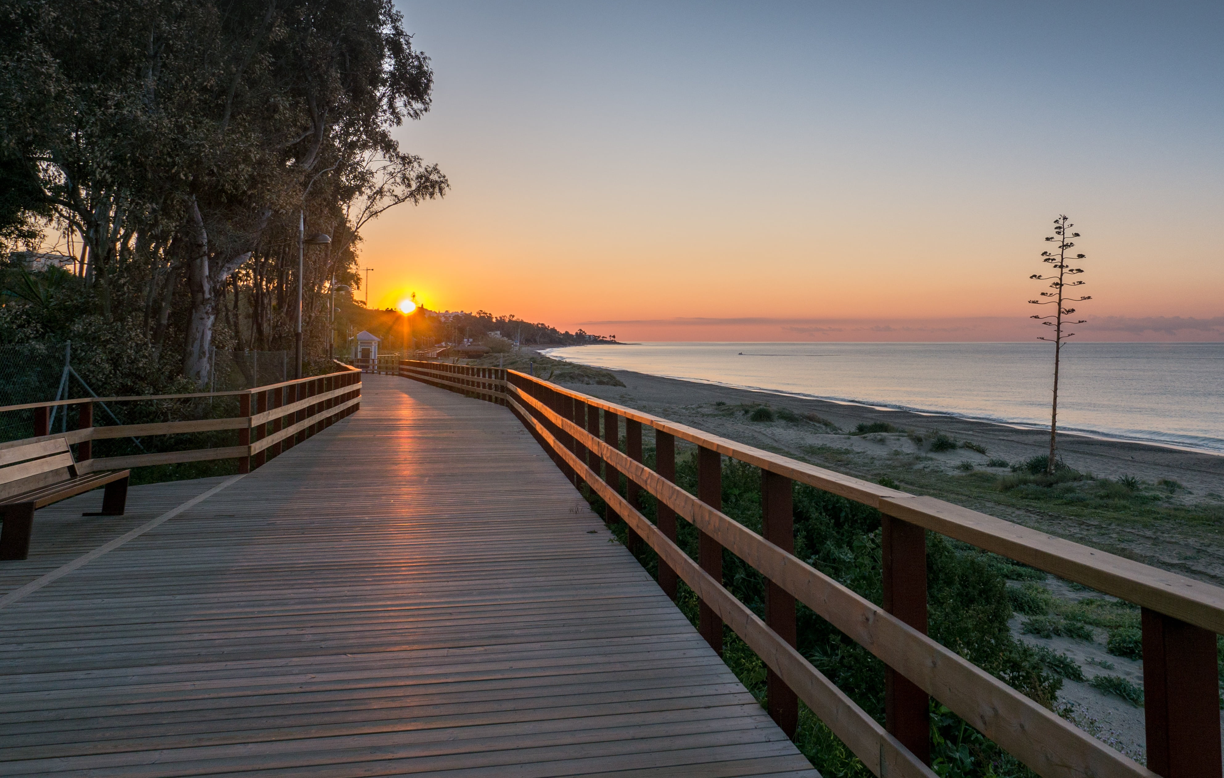 landscape, blue, no people, golden, orange, outdoors, marbella, railing, tranquil scene, holiday, malaga, home, the way forward, sunset, wooden, spain, HD Wallpaper