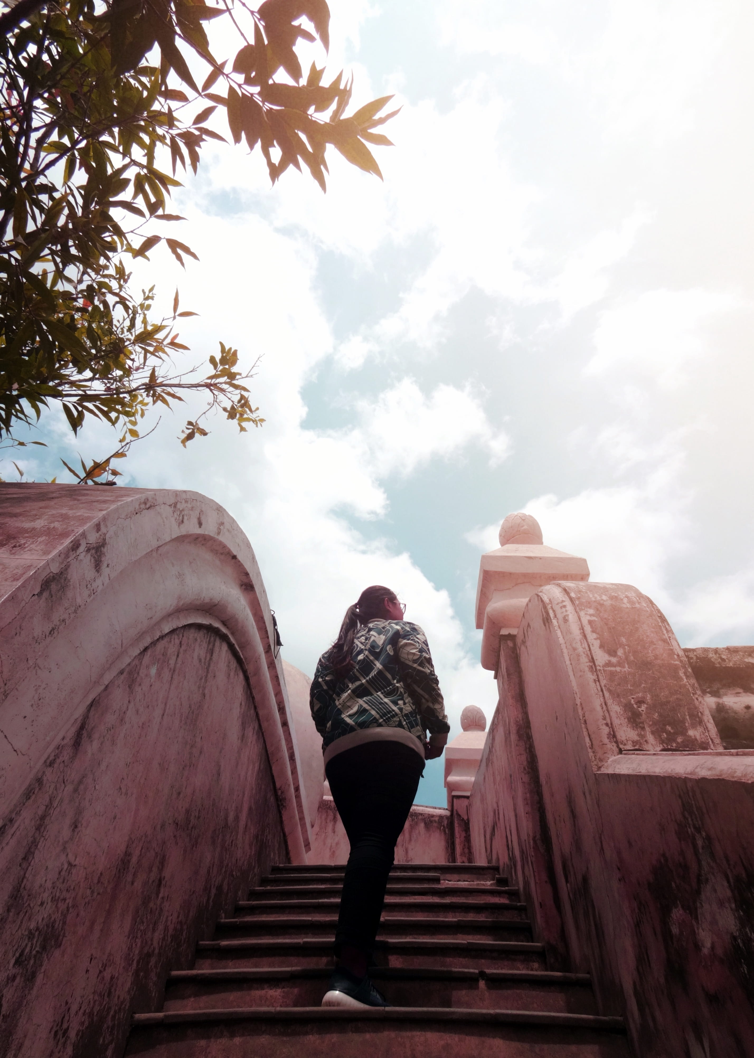low angle view, railing, built structure, taman sari tourist village, light, sky, real people, steps and staircases, women, 4K, indonesia, cloud - sky, Phone HD Wallpaper