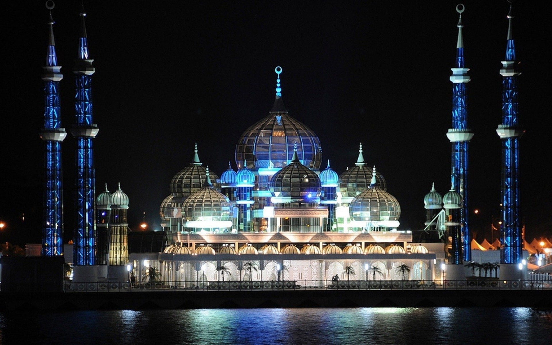 Mosque, Mosques, built structure, Malaysia, night, spirituality, nature, building exterior, 1080P, waterfront, city, tourism, dome, place of worship, outdoors, HD Wallpaper