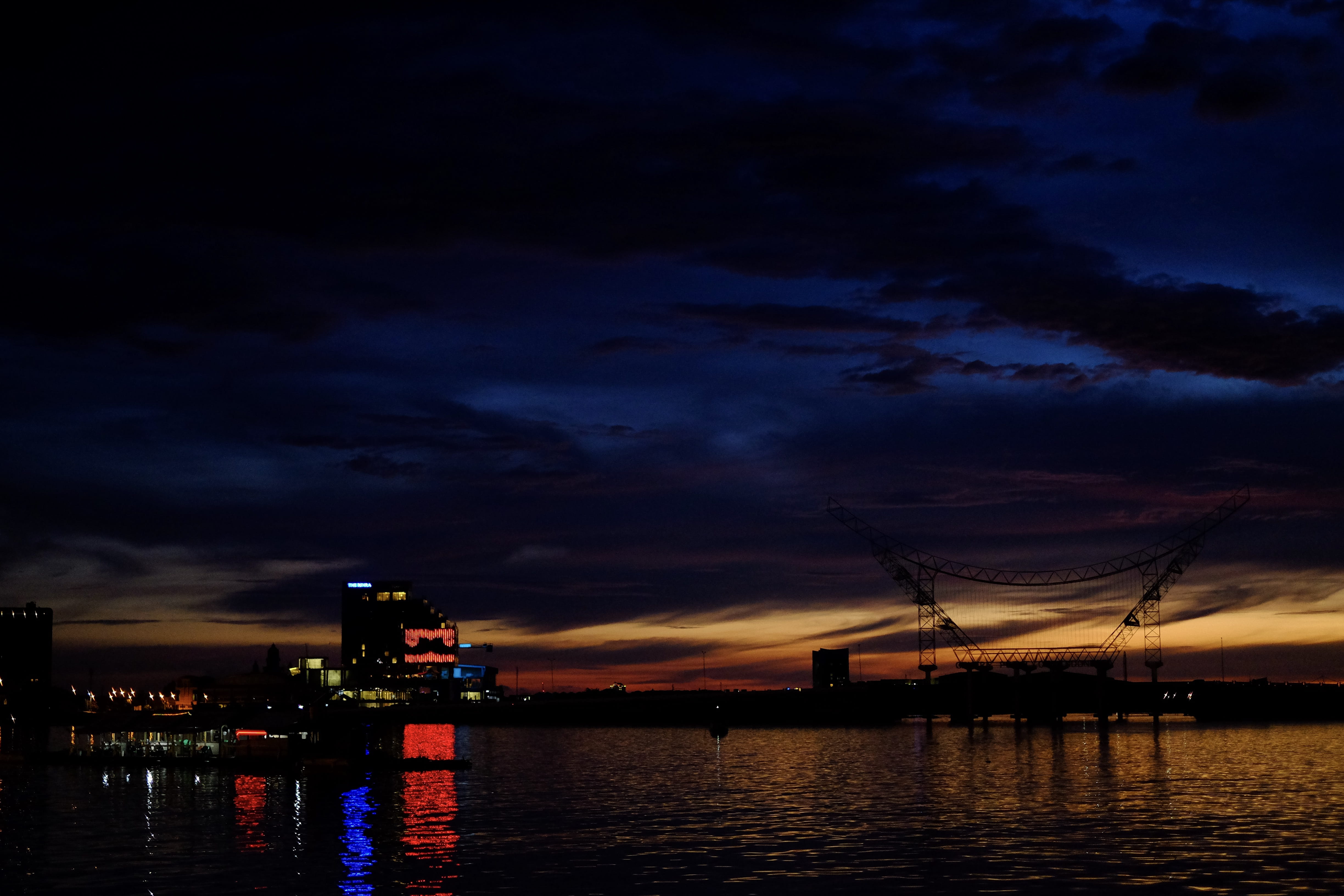 transportation, nature, indonesia, built structure, sky, reflection, architecture, sea, low light, losari beach, makassar, night, water, cloud - sky, sunset, HD Wallpaper