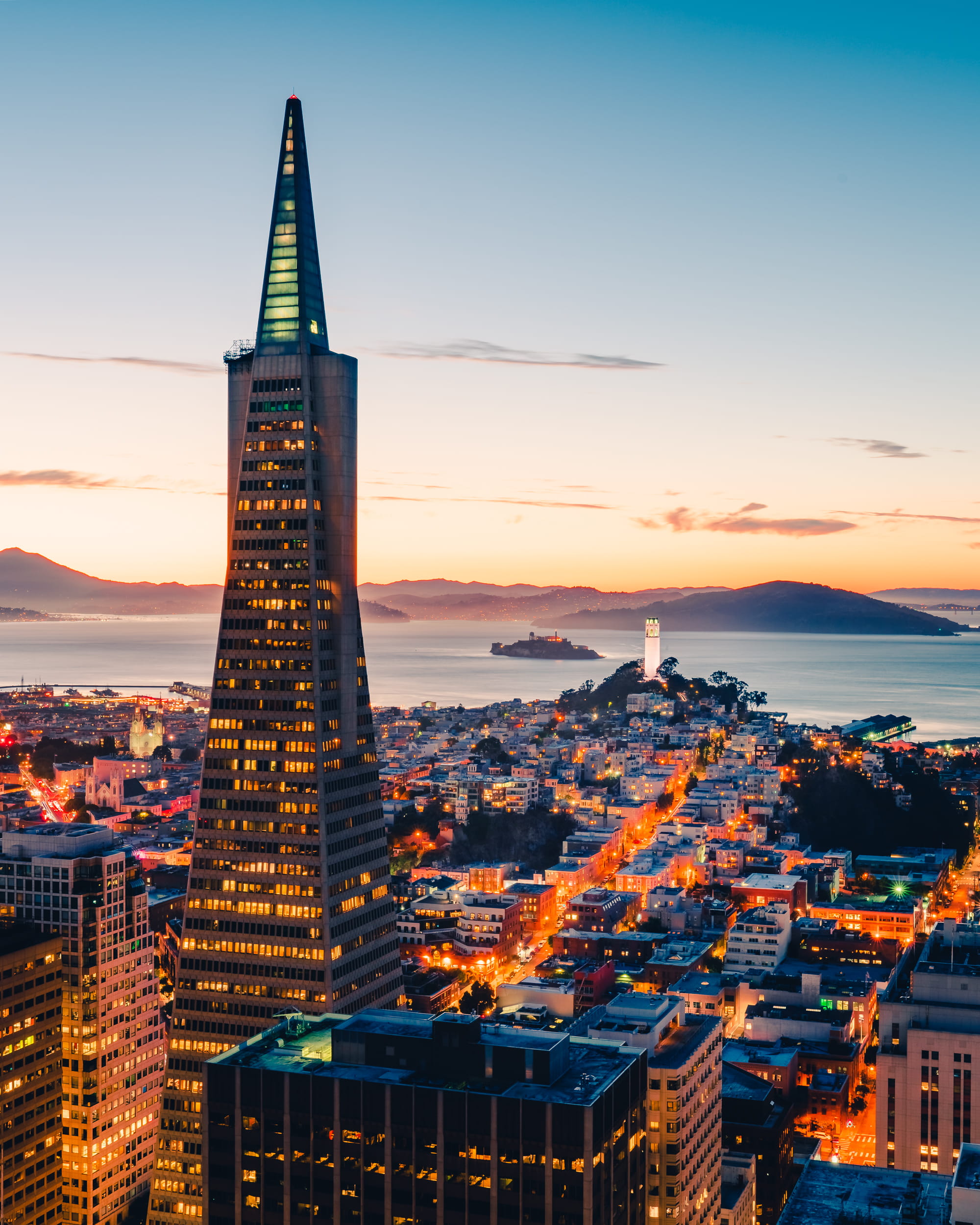 orange, building, international Landmark, no People, bay area, sunset, illuminated, outdoors, sunrise - Dawn, lake, scenics, city night scene, city Life, Phone HD Wallpaper