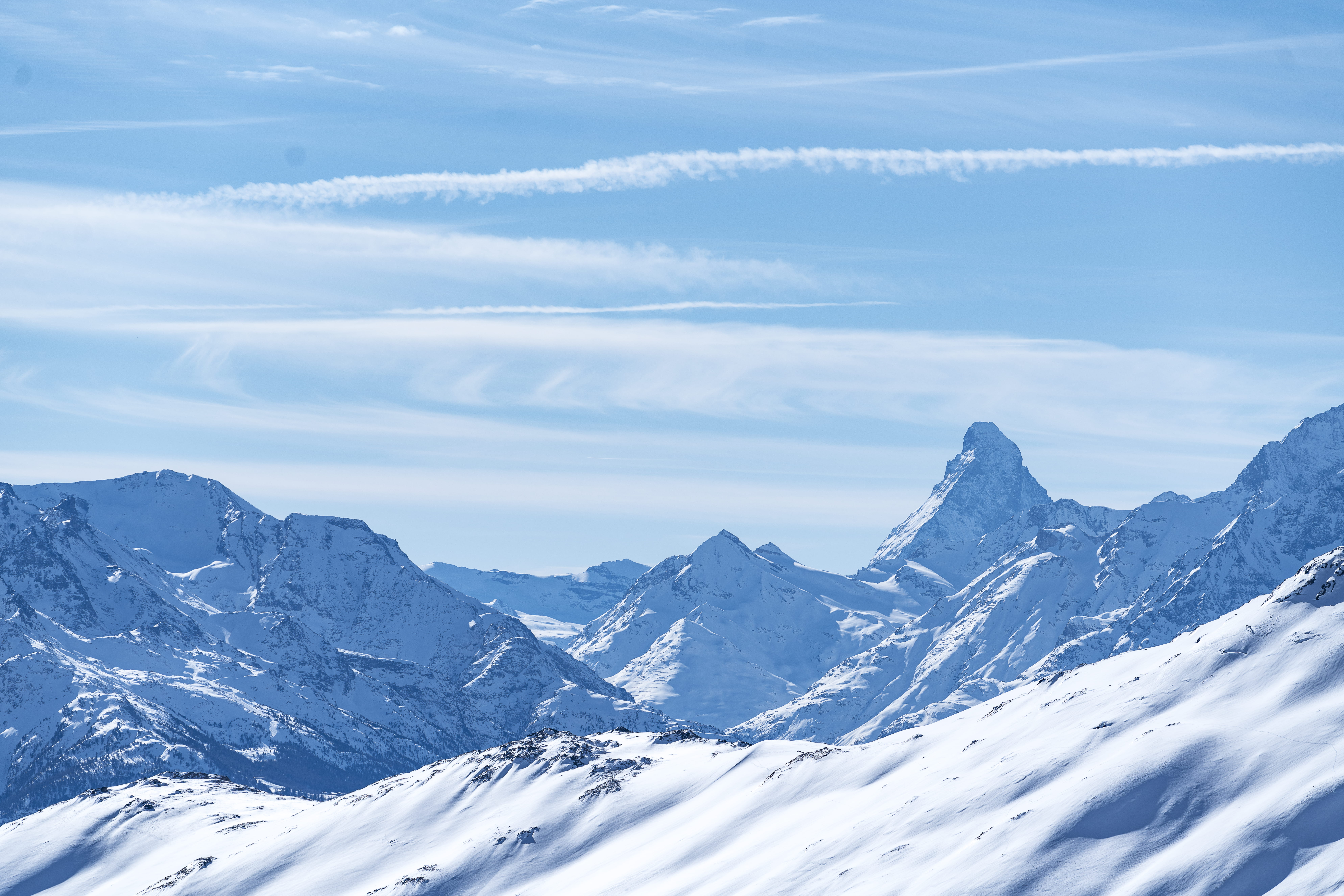 mountain range, tranquility, mountain, cold temperature, winter, day, 8K, switzerland, environment, mountain peak, snow, sky, no people, beauty in nature, HD Wallpaper