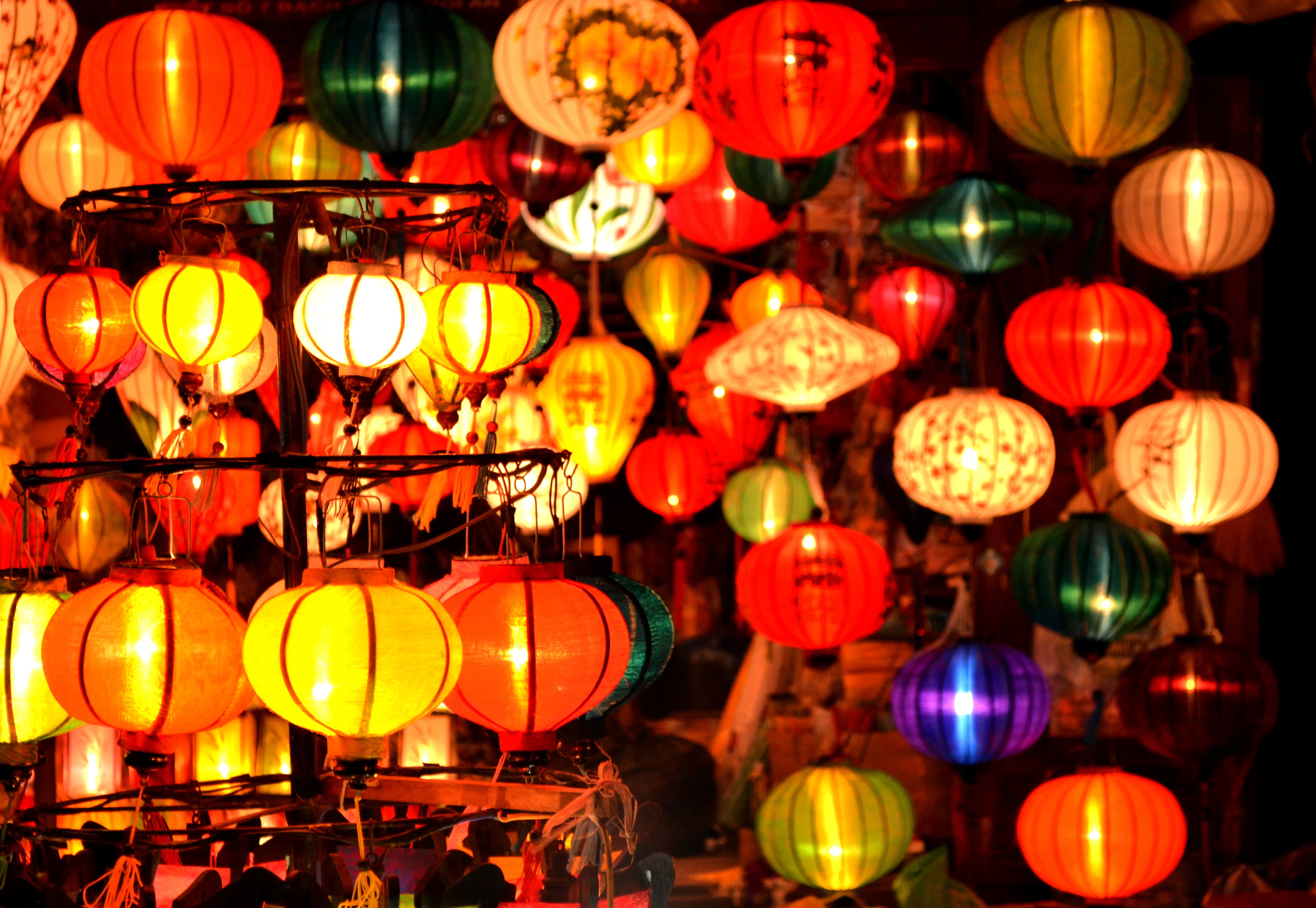 chinese new year, event, festival, electric lamp, colourful, holiday, large group of objects, night, no people, ceiling, illuminated, traditional festival, HD Wallpaper