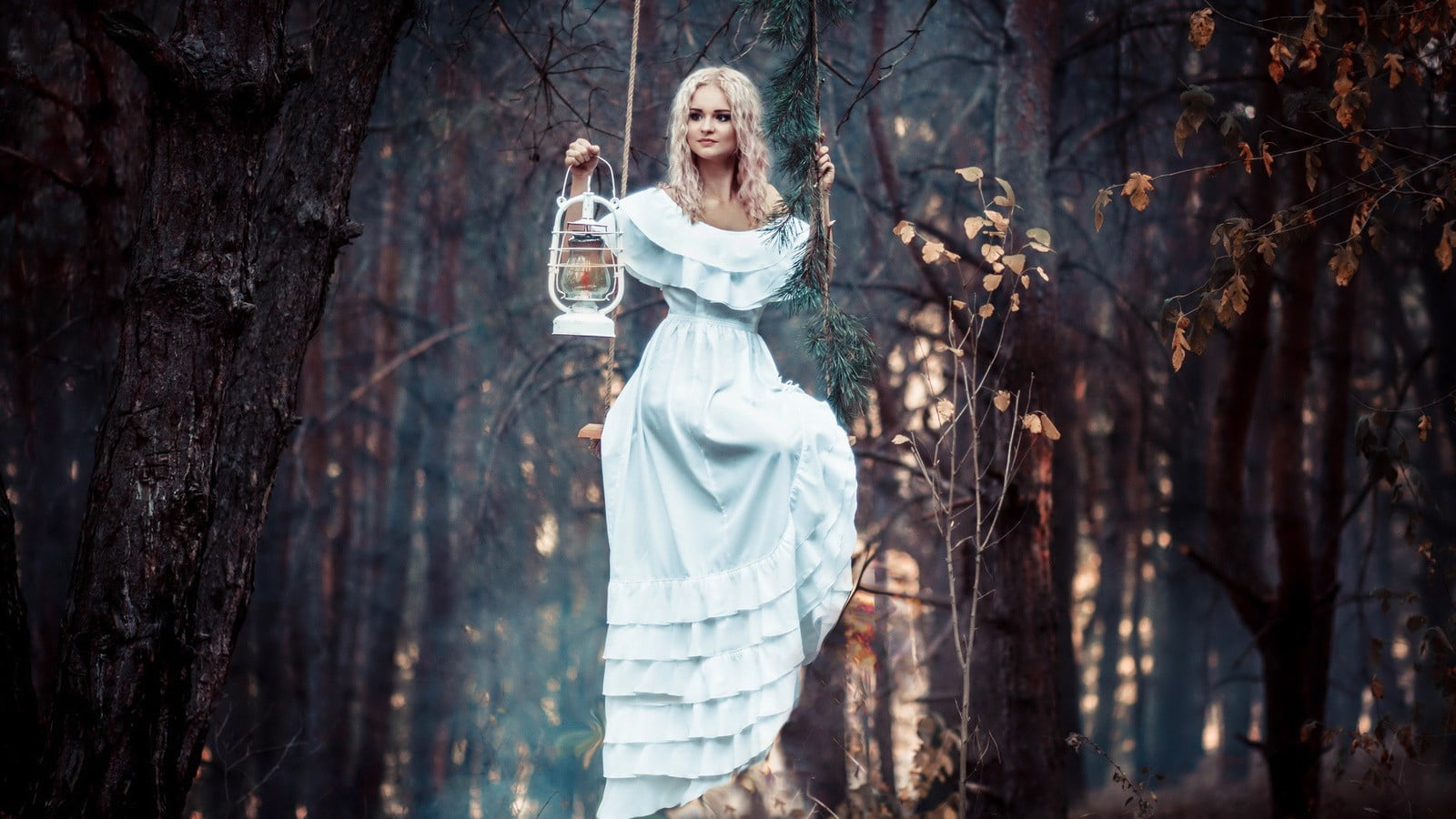 fall, 720P, hairstyle, one person, wavy hair, pine trees, tree, lantern, forest, hair, beautiful woman, beauty, model, sitting, lamp, women, blonde, clothing, HD Wallpaper