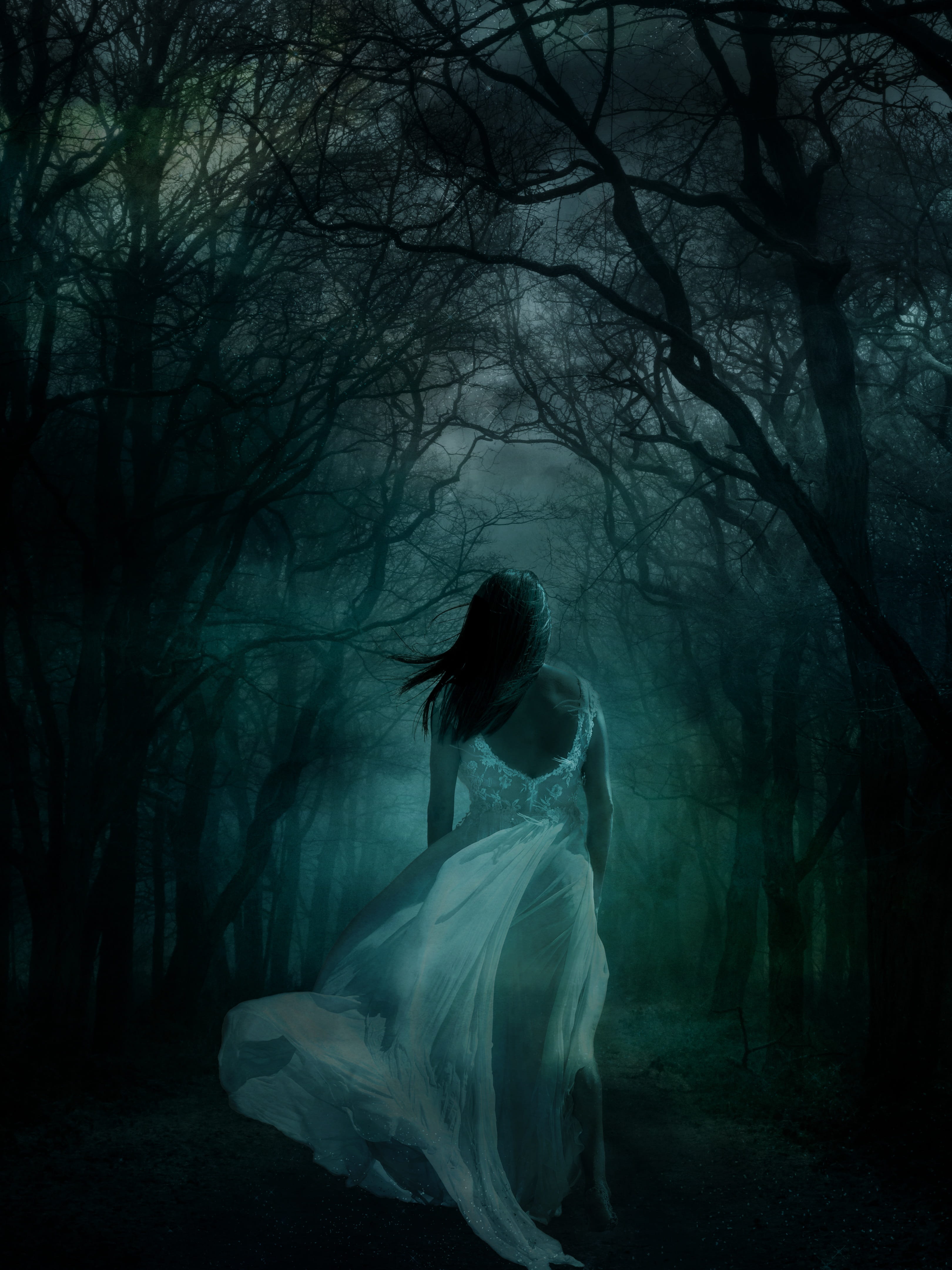 breeze, 4K, girl, land, nature, wood, one person, dress, forest, full length, young adult, woman, sleep walking, darkness, fantasy, dark, fog, hairstyle, Phone HD Wallpaper