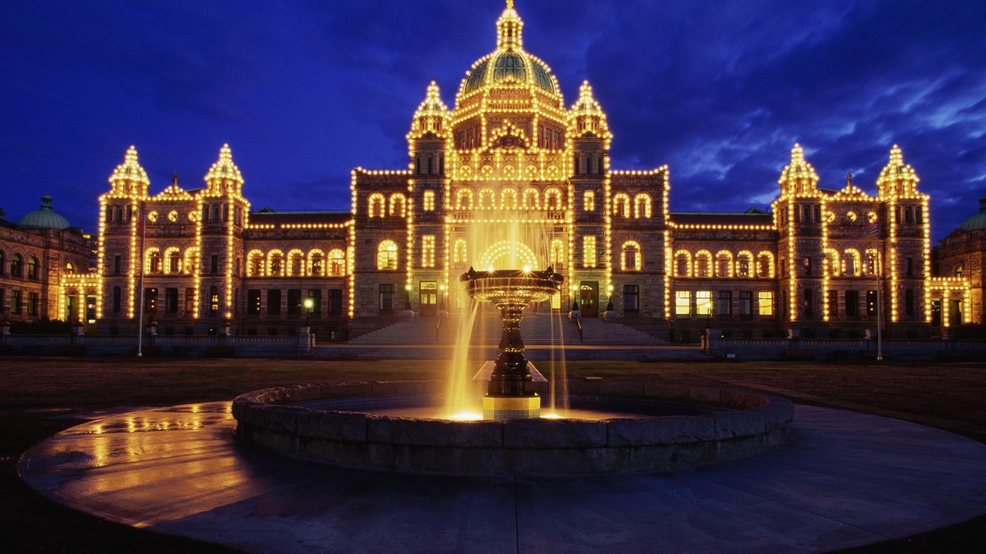 vancouver island, british columbia, animals, building, 1080P, parliament building at night, parliament, canada, victoria, night, HD Wallpaper