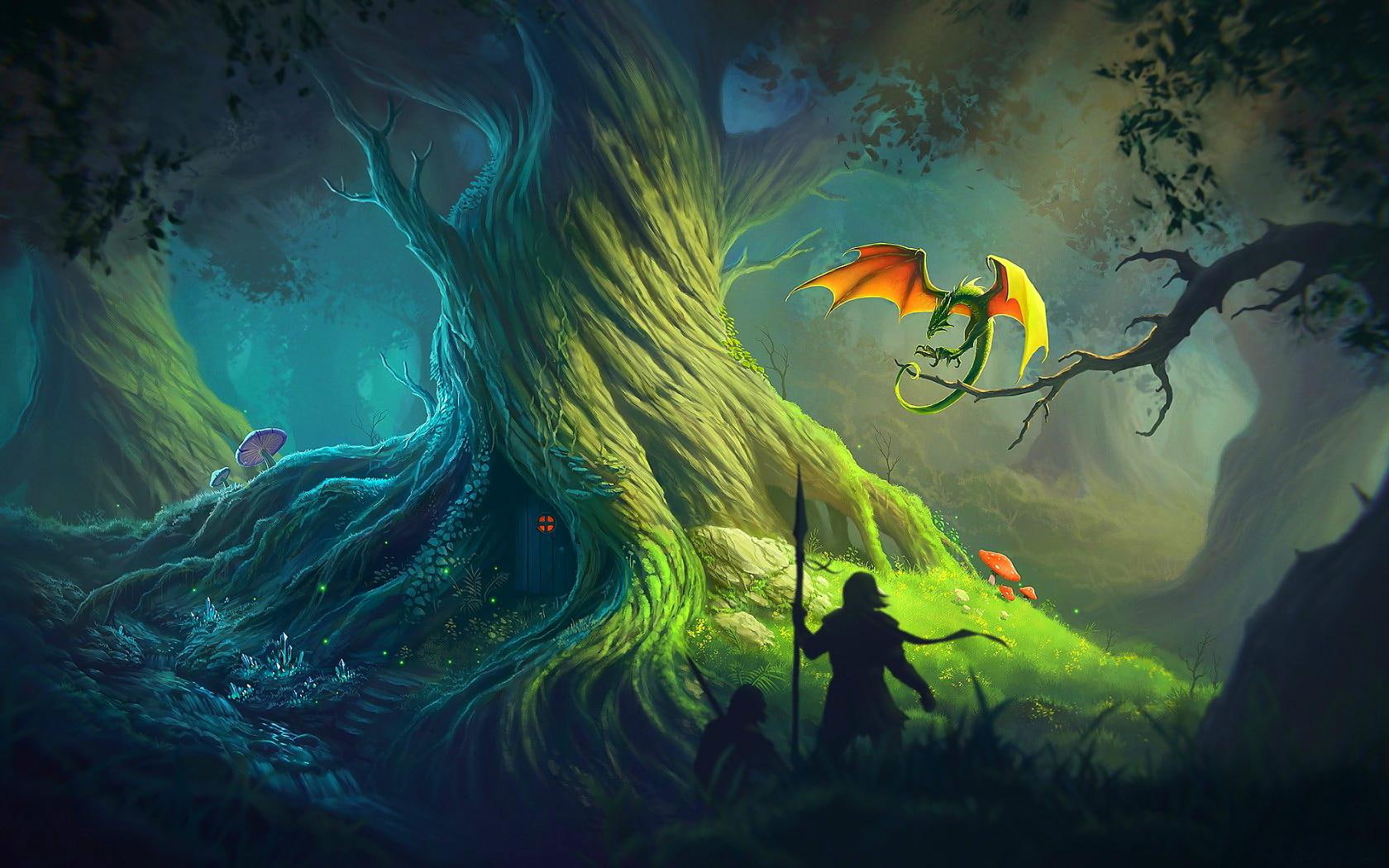 tree, fantasy, forest, wild, mystic, colorful, ghost, beautiful, magic, dream, 720P, house, colors, dragon, warriors, HD Wallpaper