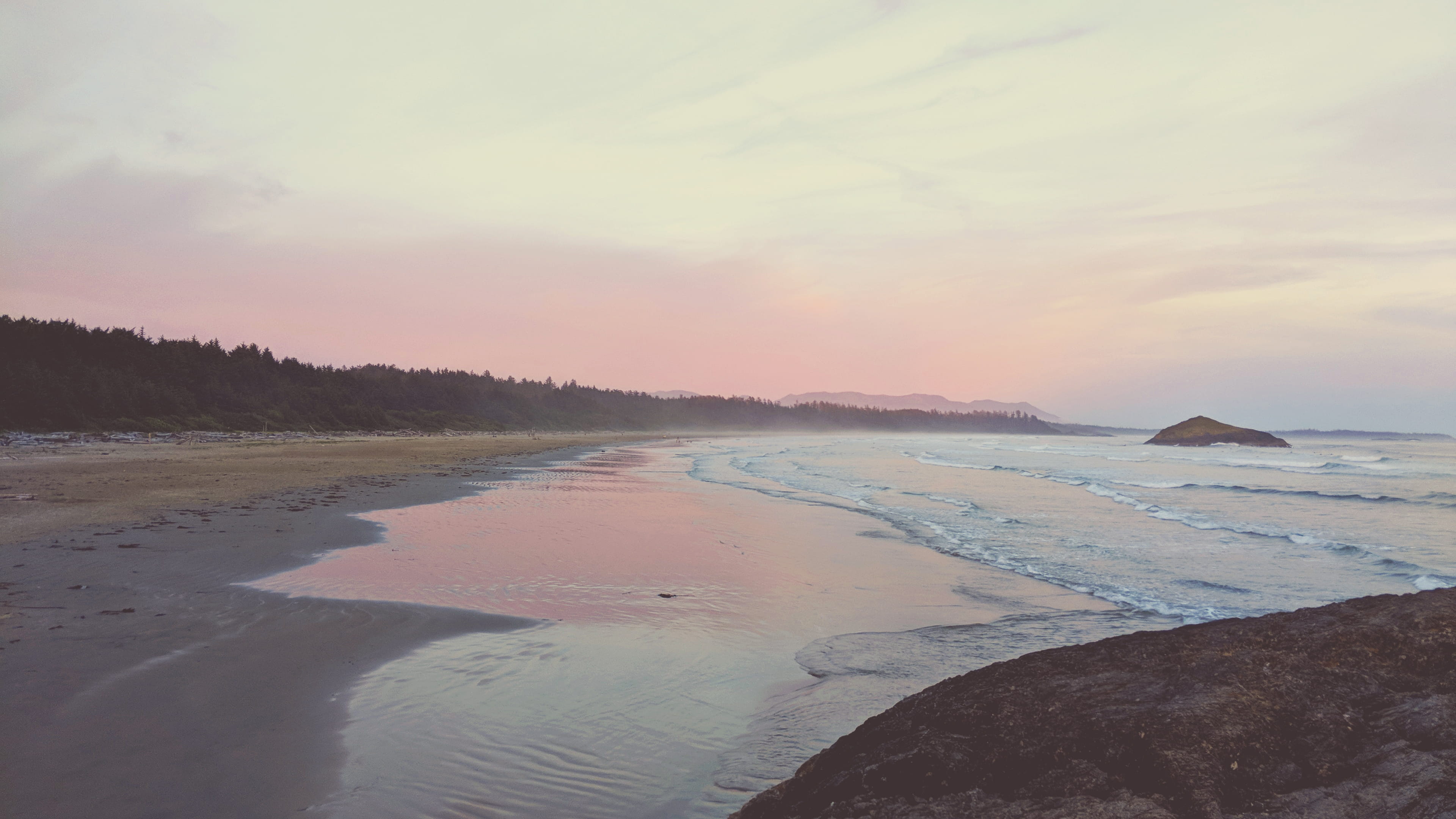 ocean, remote, clouds, tofino, bc, beach, outdoors, tranquility, trees, land, pacific rim hwy, scenics - nature, sky, non-urban scene, orange color, surfing, HD Wallpaper