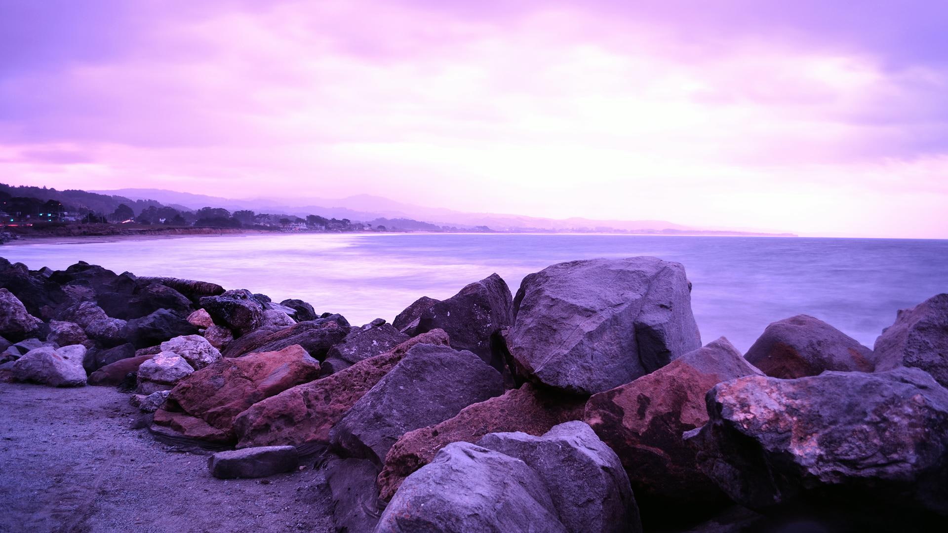 bech, bay, nature and landscapes, half, clouds, 1080P, purple, stones, cali, moon, HD Wallpaper