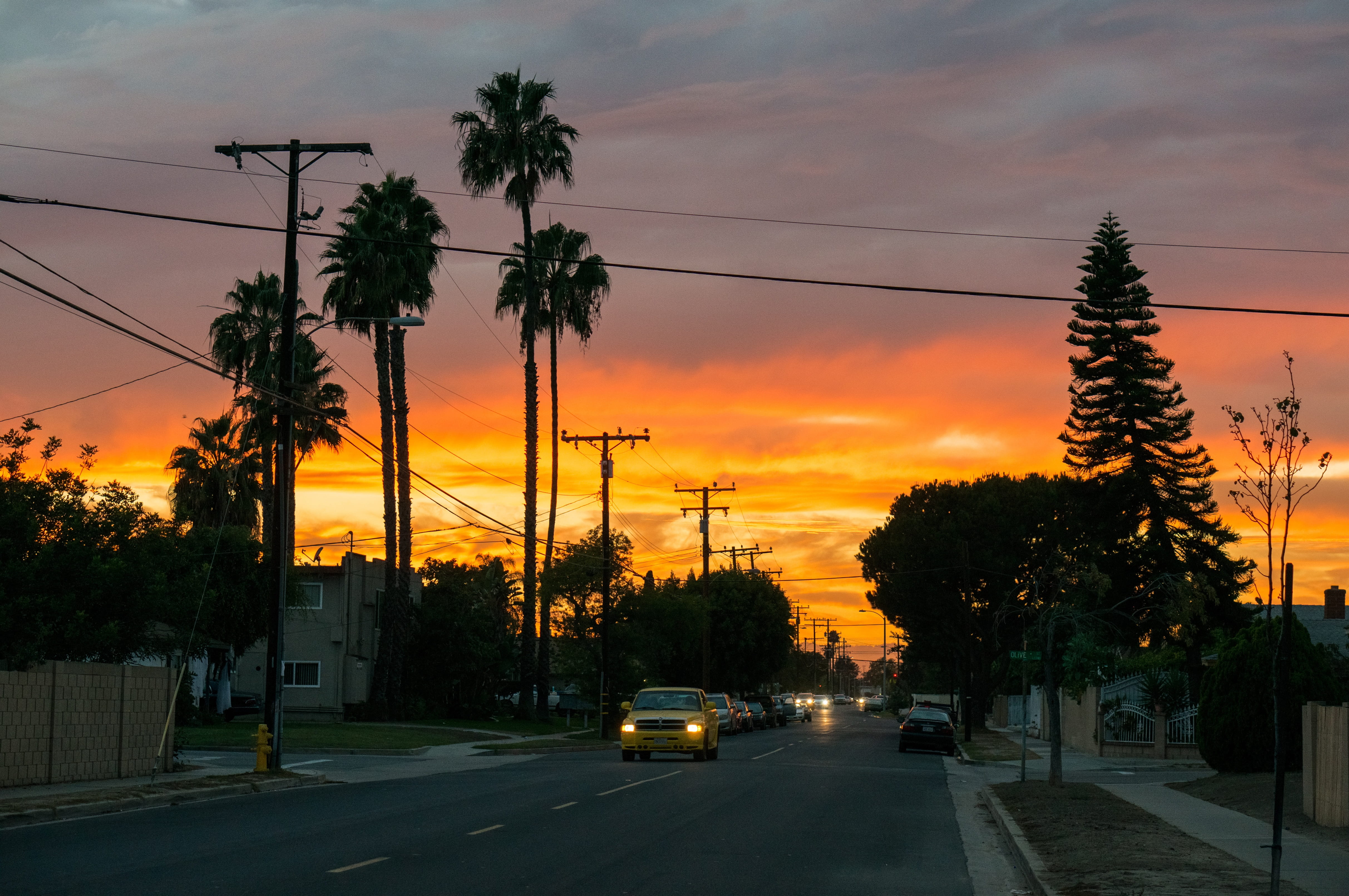 4K, orange color, neibourhood, palm tree, sunset, palms, outdoors, mode of transportation, electricity, cloud - sky, cable, california, street, transportation, HD Wallpaper