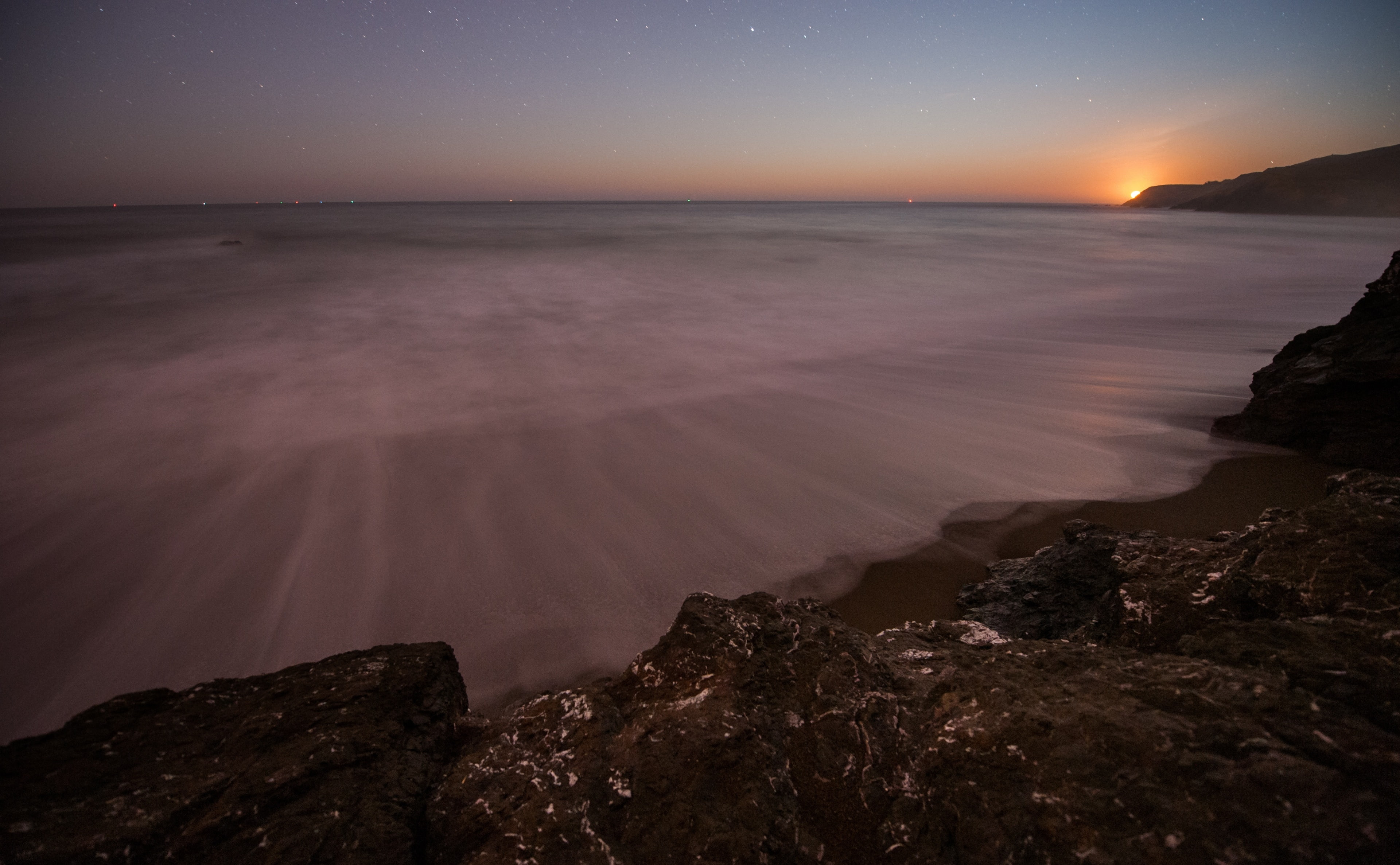 long exposure, Western, United States, Cove, California, Coast, star - space, sky, sunset, Rocky, san francisco, moonset, Beach, astronomy, sea stacks, HD Wallpaper