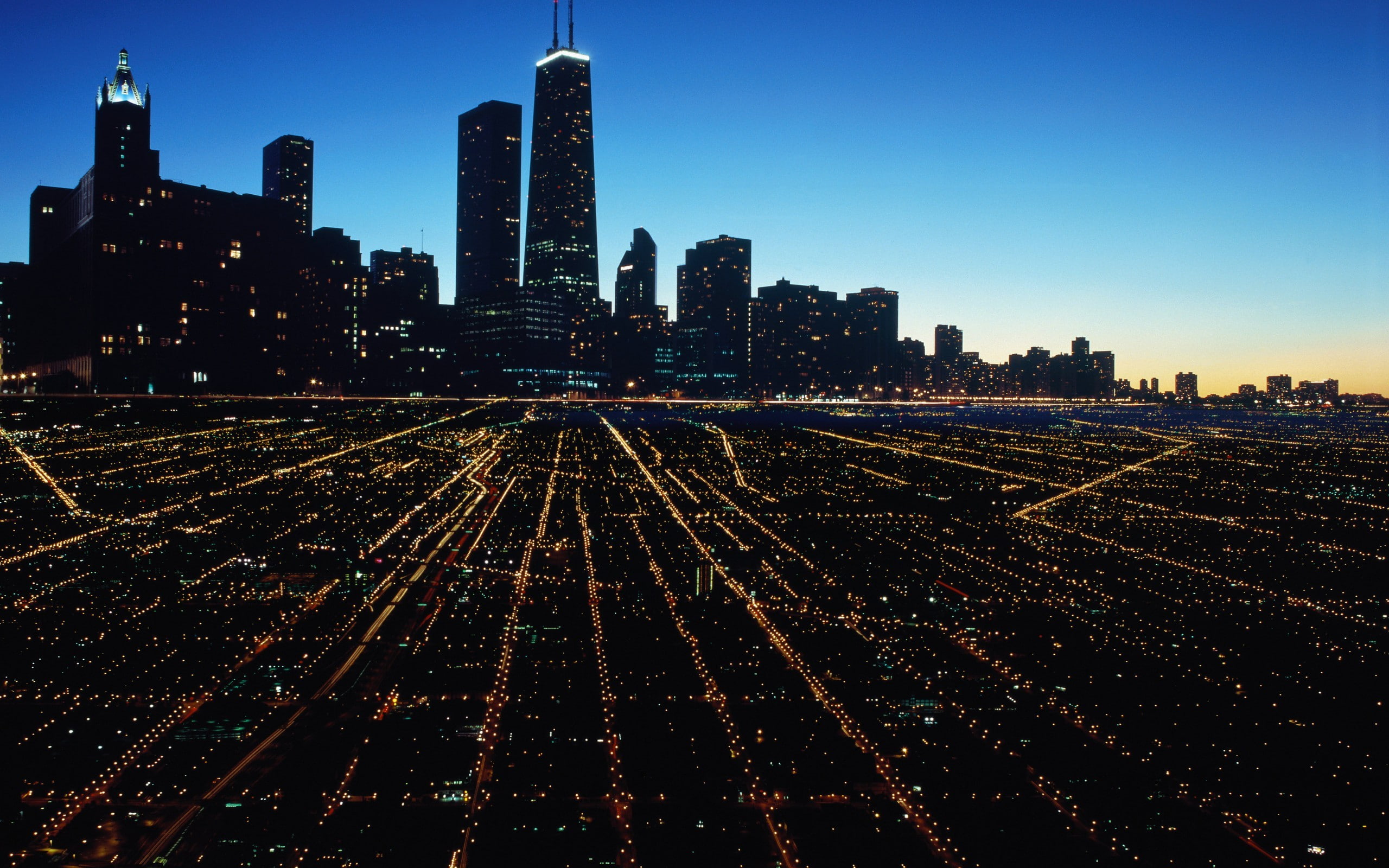 cityscape, night, trails, photo, city, rise, 2K, modern, buildings, skyscraper, architecture, usa, chicago, street, lights, light, high, HD Wallpaper
