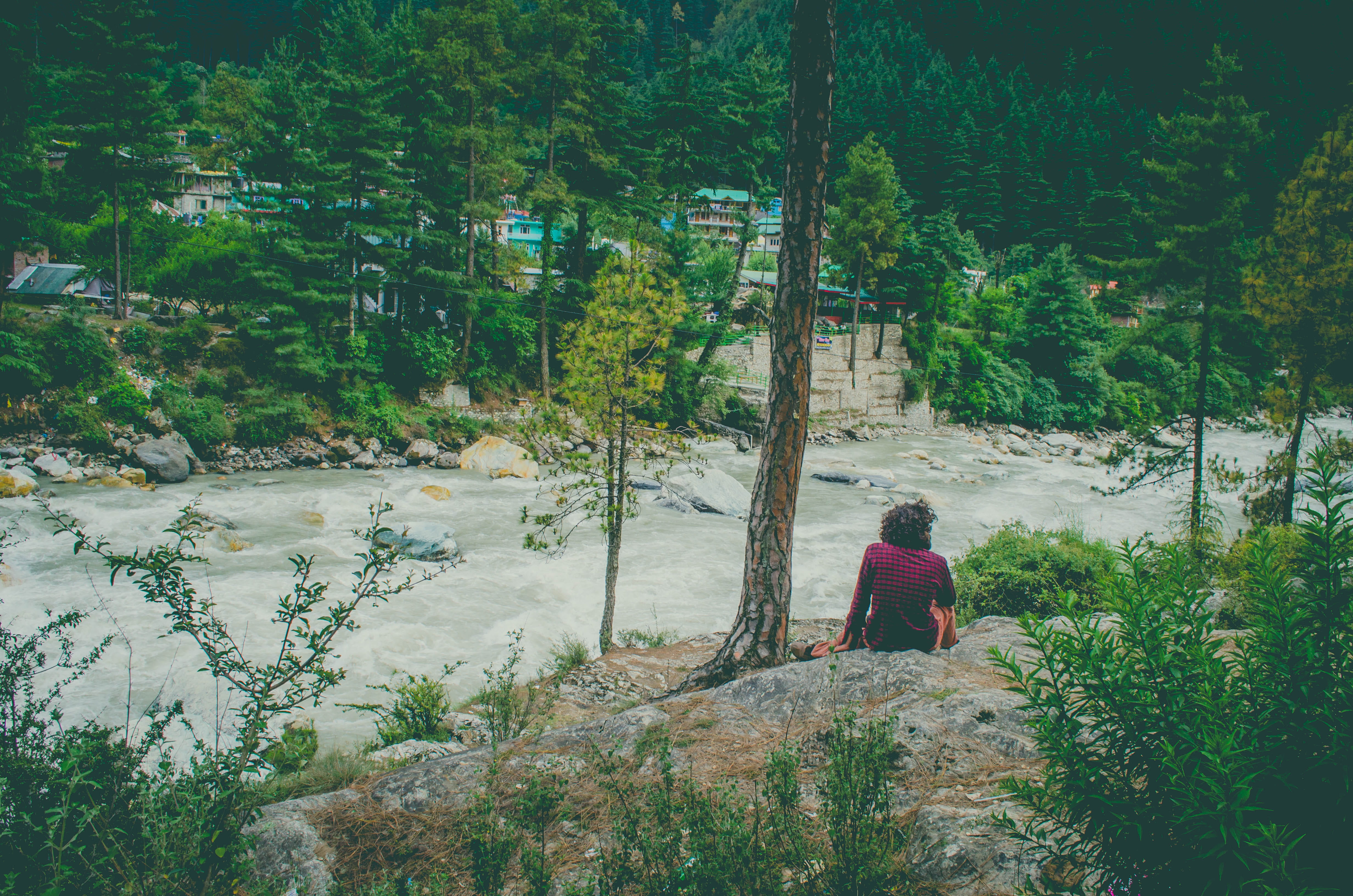 full length, green color, nature, men, land, river, solo, non-urban scene, india, 4K, sitting, travel, outdoors, lifestyles, leisure activity, real people, HD Wallpaper