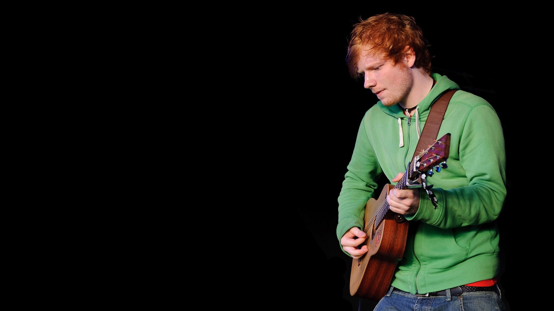 arts culture and entertainment, performance, black background, Smock, Red, copy space, nightlife, one person, adult, Ed sheeran, 1080P, string instrument, HD Wallpaper