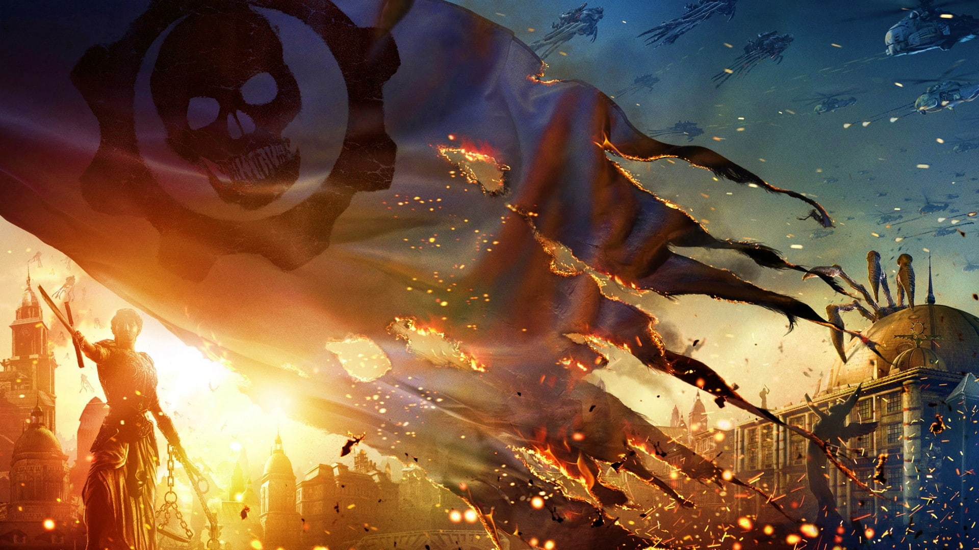 cityscapes, statues, Video Games, skyscapes, helicopters, fire, flags, hd, edited, war, video, judgement, art, 1080P, games, gears, HD Wallpaper