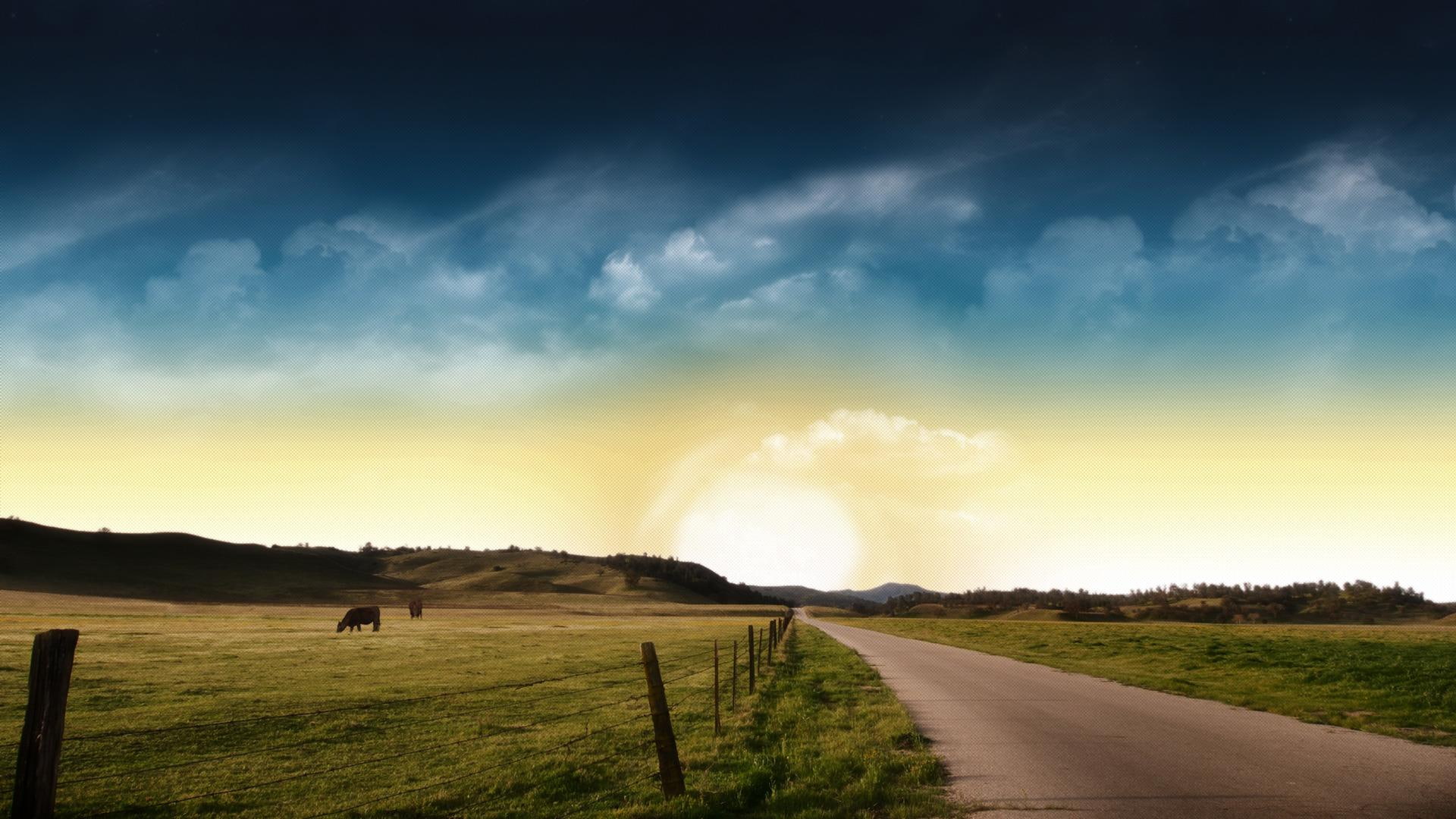 nature and landscapes, country, sunset, road, cows, clouds, fields, 1080P, sun, HD Wallpaper