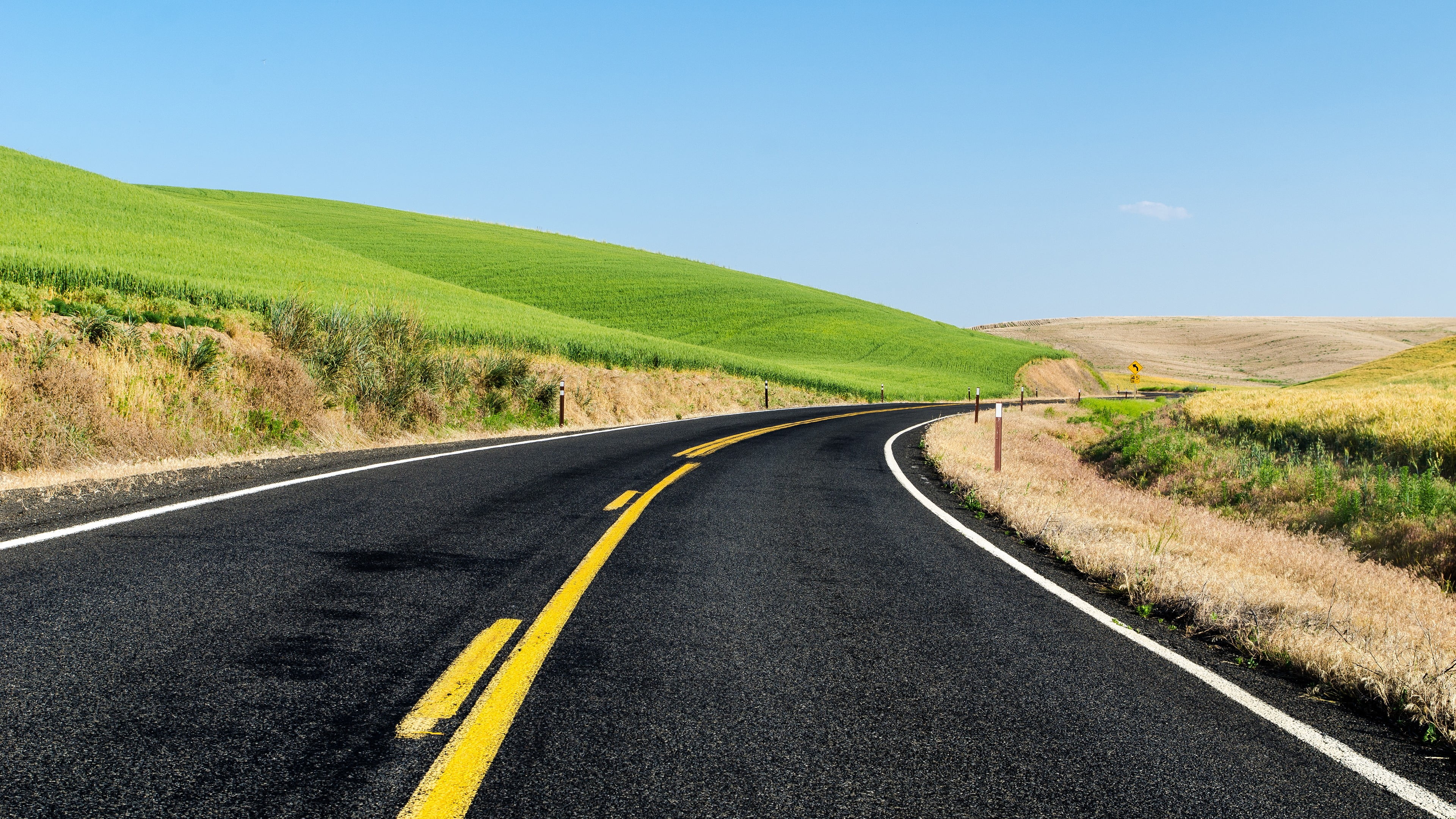 the way forward, grass, nature, environment, country, landscape, dividing line, sign, green color, 4K, road marking, sky, outdoors, no people, non-urban scene, HD Wallpaper