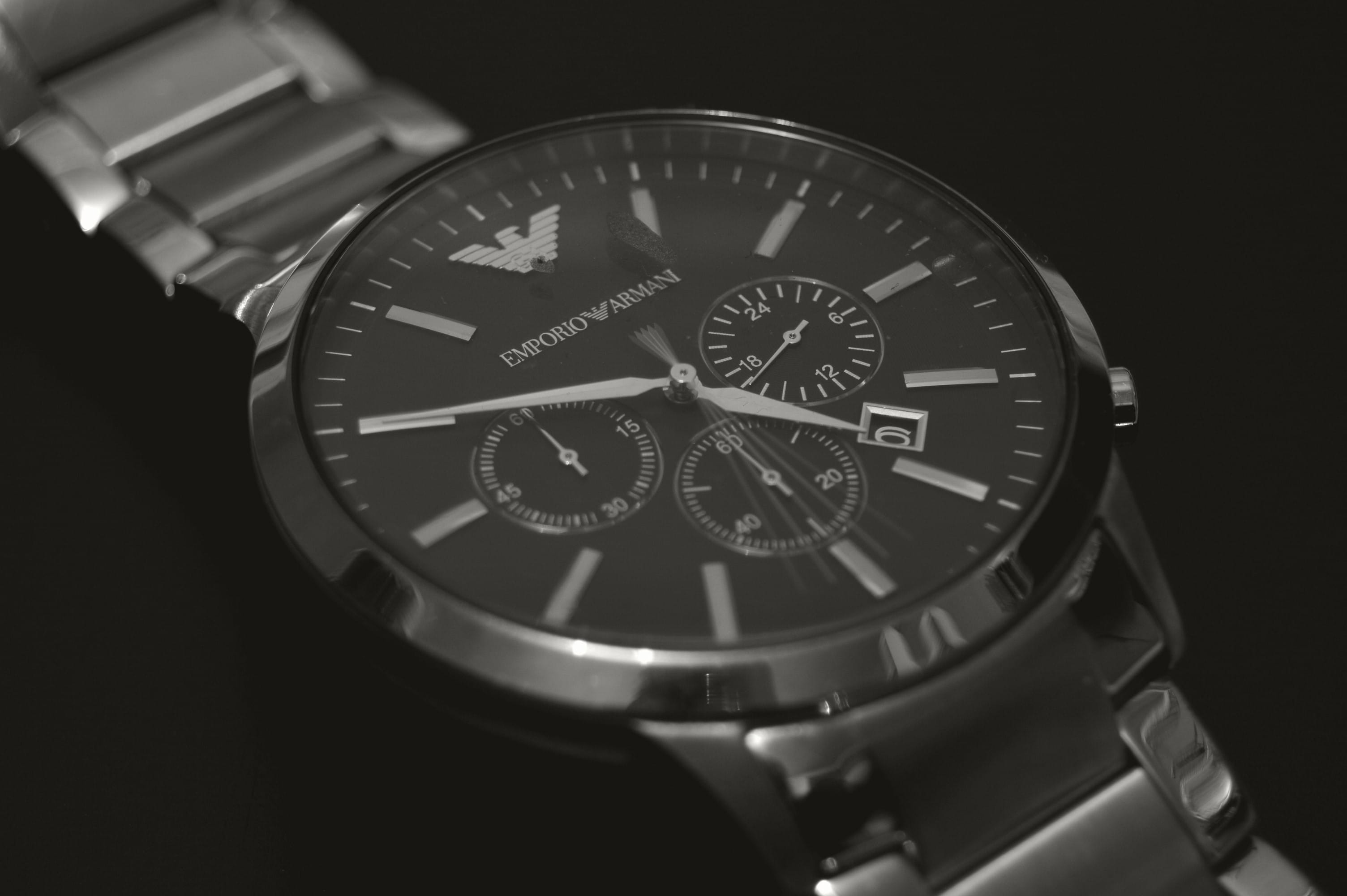 black background, steel, minute hand, round, wristwatch, timer, black-and-white, countdown, quartz, emporio armani, watch, close-up, jewelry, silver colored, HD Wallpaper