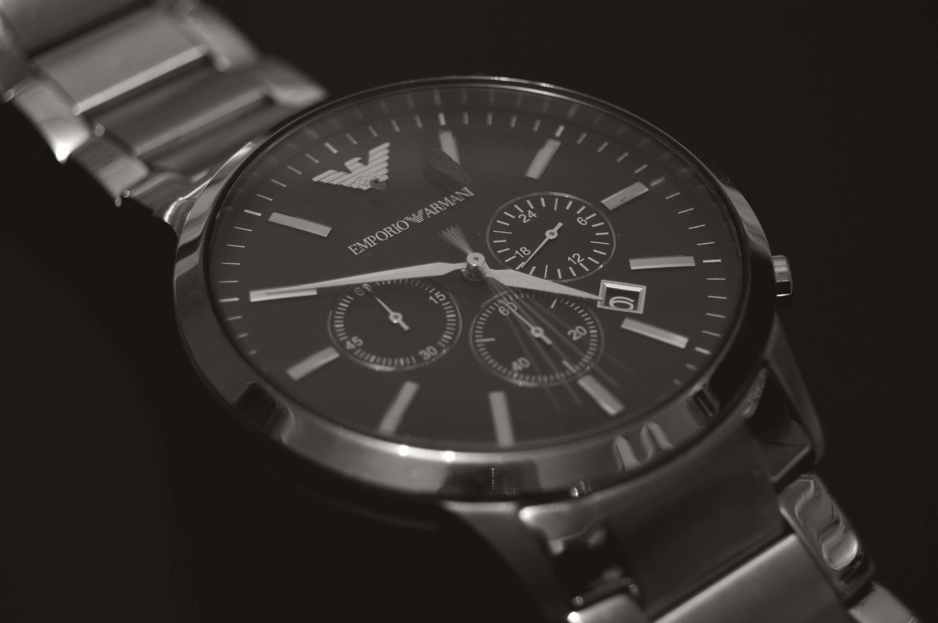 metal, precision, dial, instrument of time, personal accessory, clock, fashion, 2K, analogue, clock face, black and white, classic, emporio armani, quartz, HD Wallpaper