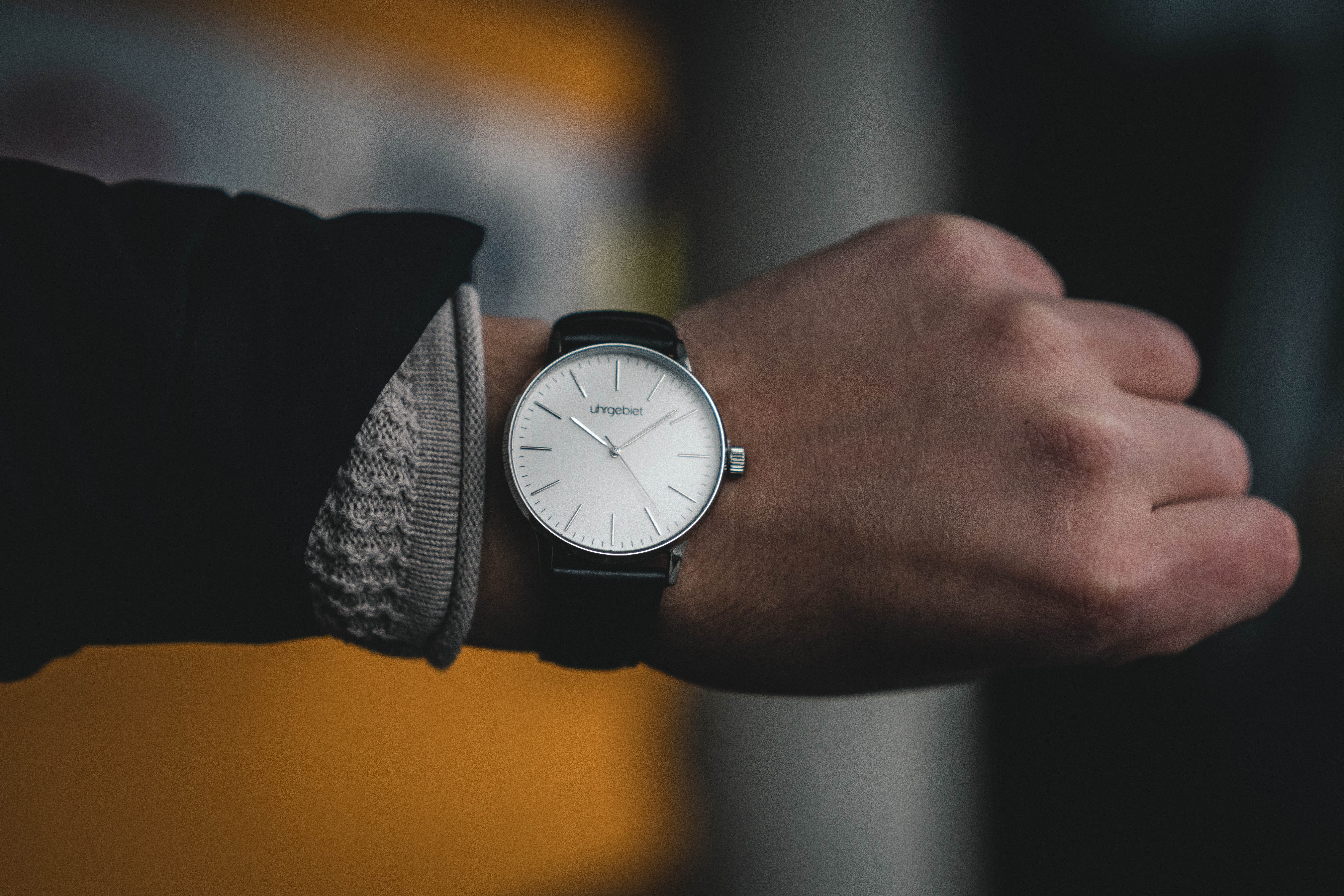 blurred background, fashion, focus on foreground, wristwatch, time, timer, body part, close-up, round, wrist, human hand, screen, hand, businessman, background, HD Wallpaper
