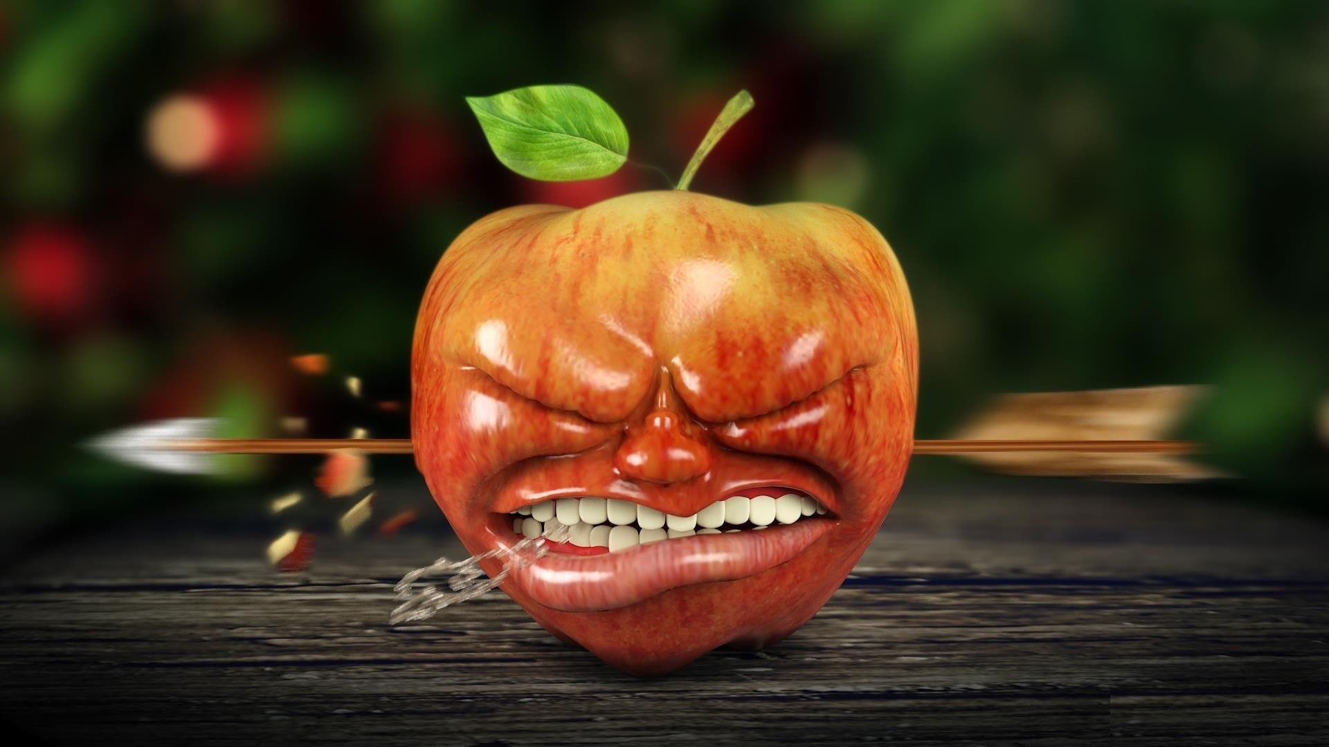 1920x1080, d, art, surface, leaves, teeth, cgi, digital, wooden, closed, 1080P, arrows, digital art, apples, eyes, wooden surface, 3d, closed eyes, HD Wallpaper