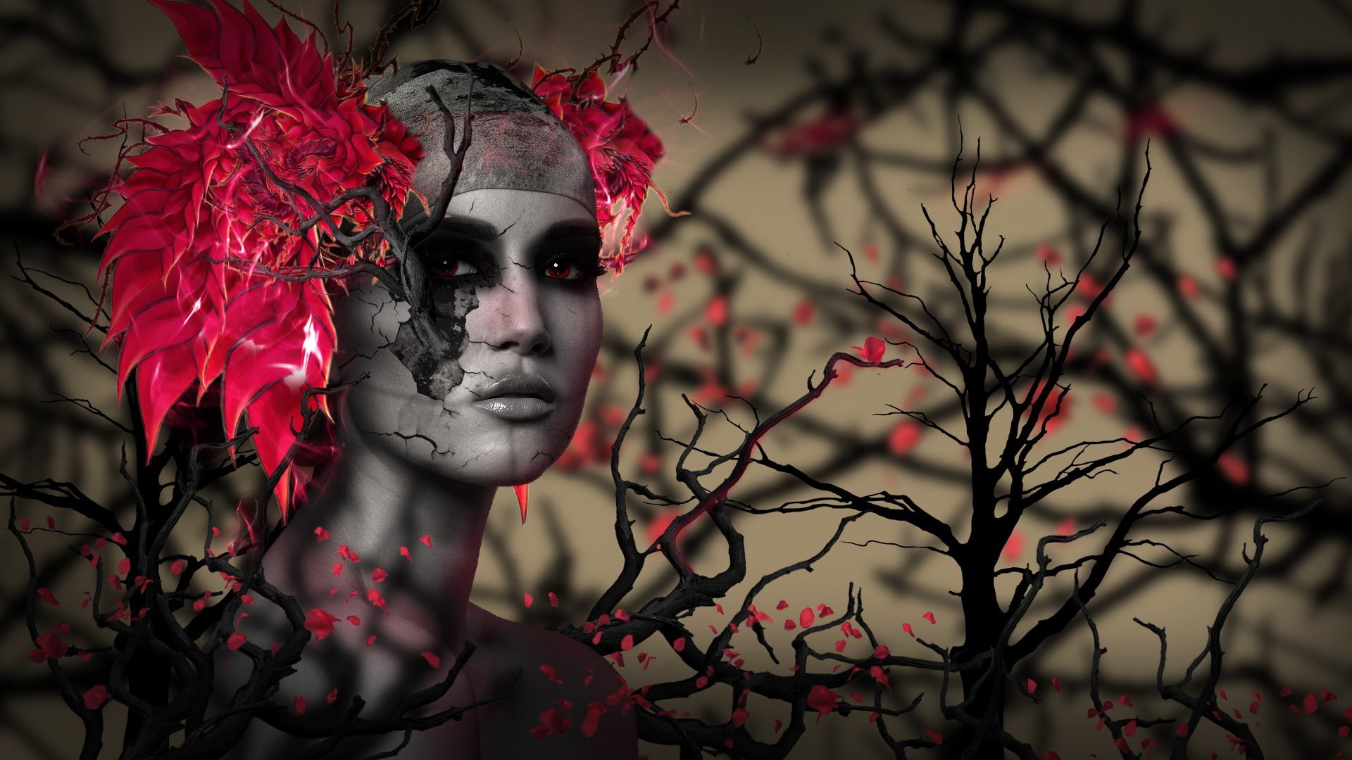 CGI, trees, women, depth of field, leaves, 3D, feathers, red eyes, digital art, branch, 1080P, face, HD Wallpaper