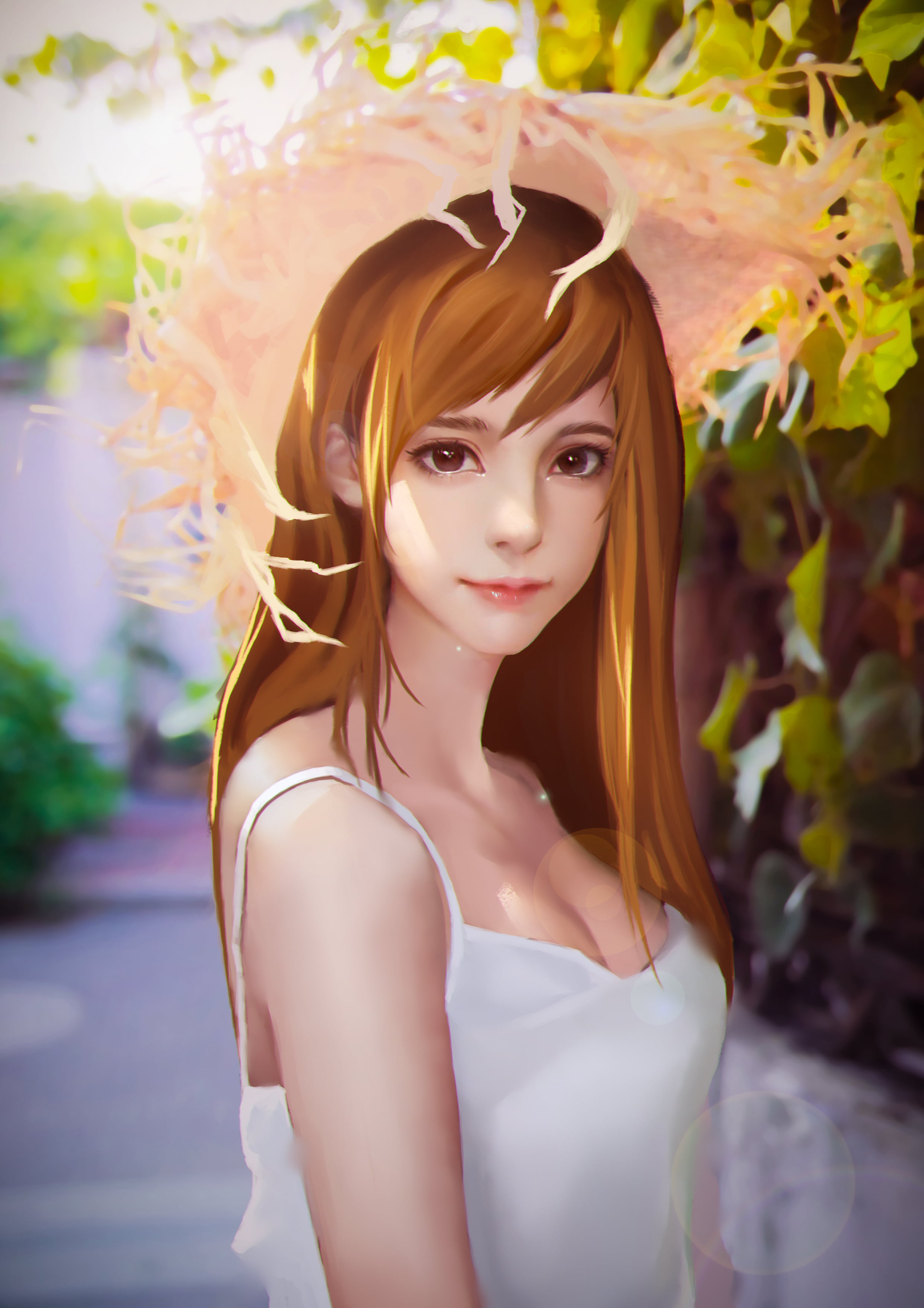 looking at viewer, drawing, artwork, women with hats, straw hat, realistic, brown eyes, long hair, cleavage, women, anime girls, leaves, Ke Xue, anime, Phone HD Wallpaper