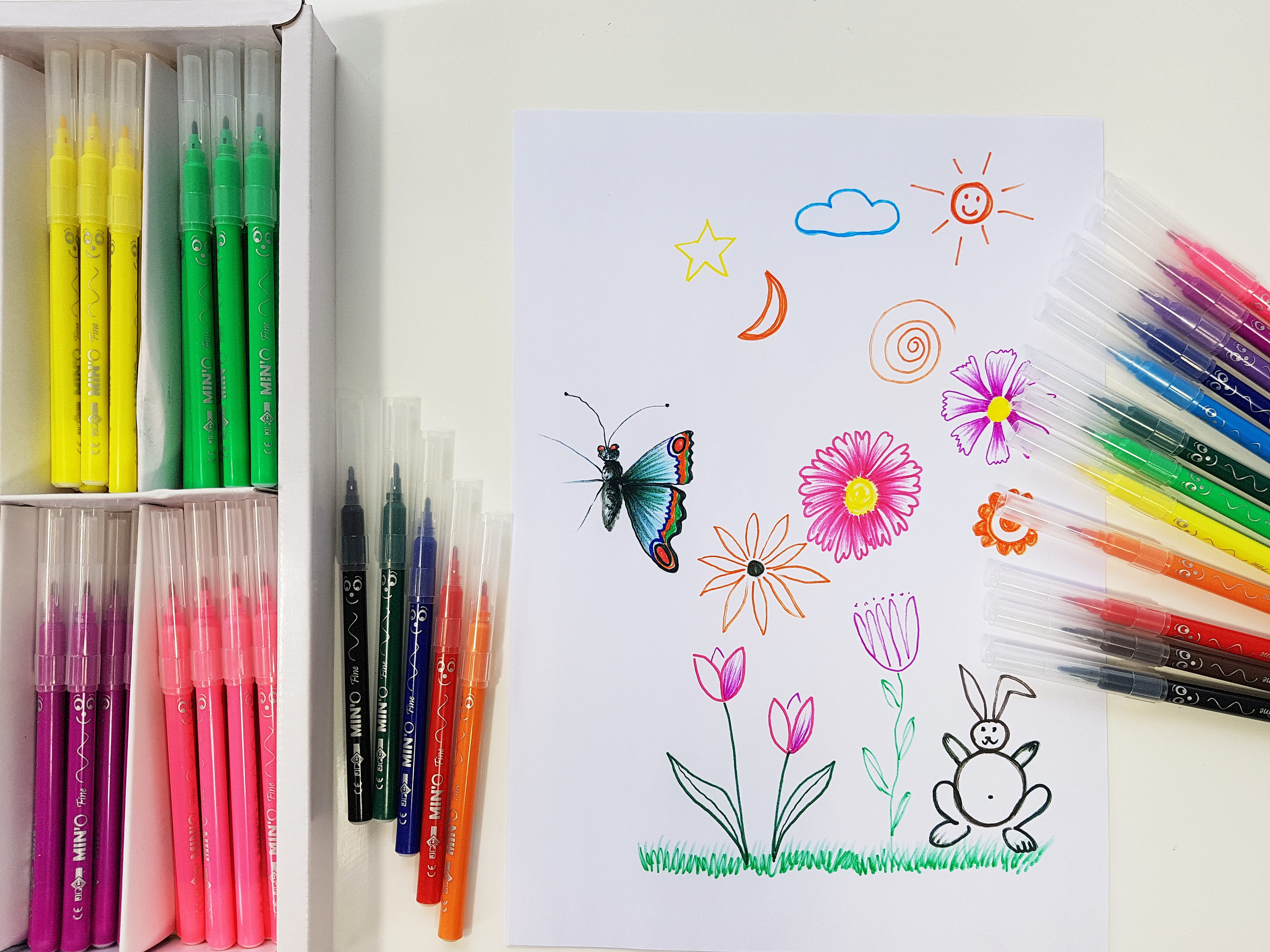 meadow, pen, watercolor painting, creativity, indoors, pink color, cloud, assorted, large group of objects, hare, drawing - art product, color, education, HD Wallpaper