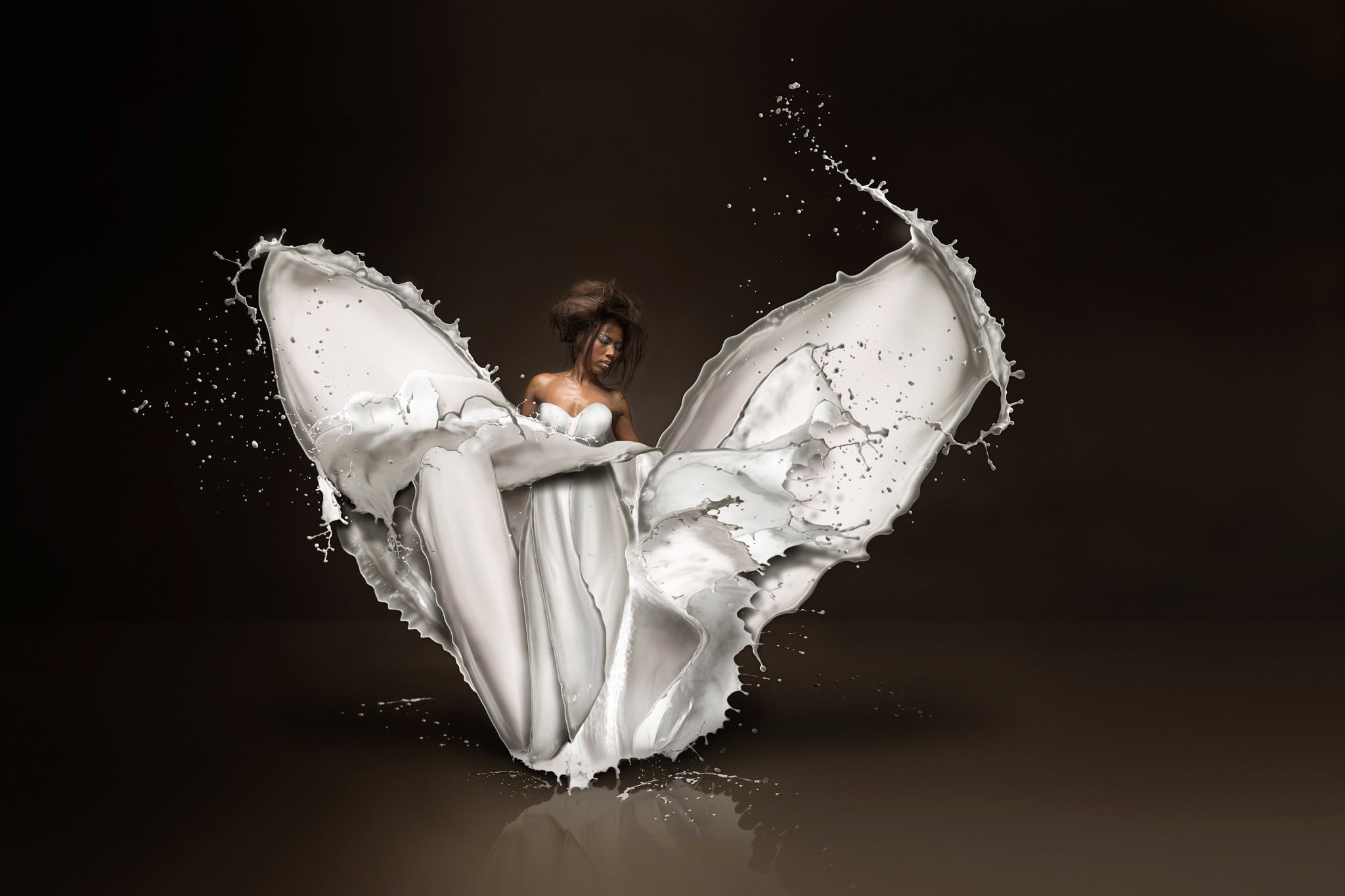 one person, motion, beauty, women, milk, black background, refreshment, 1080P, floating on water, beautiful woman, young adult, model, full length, splashing, HD Wallpaper