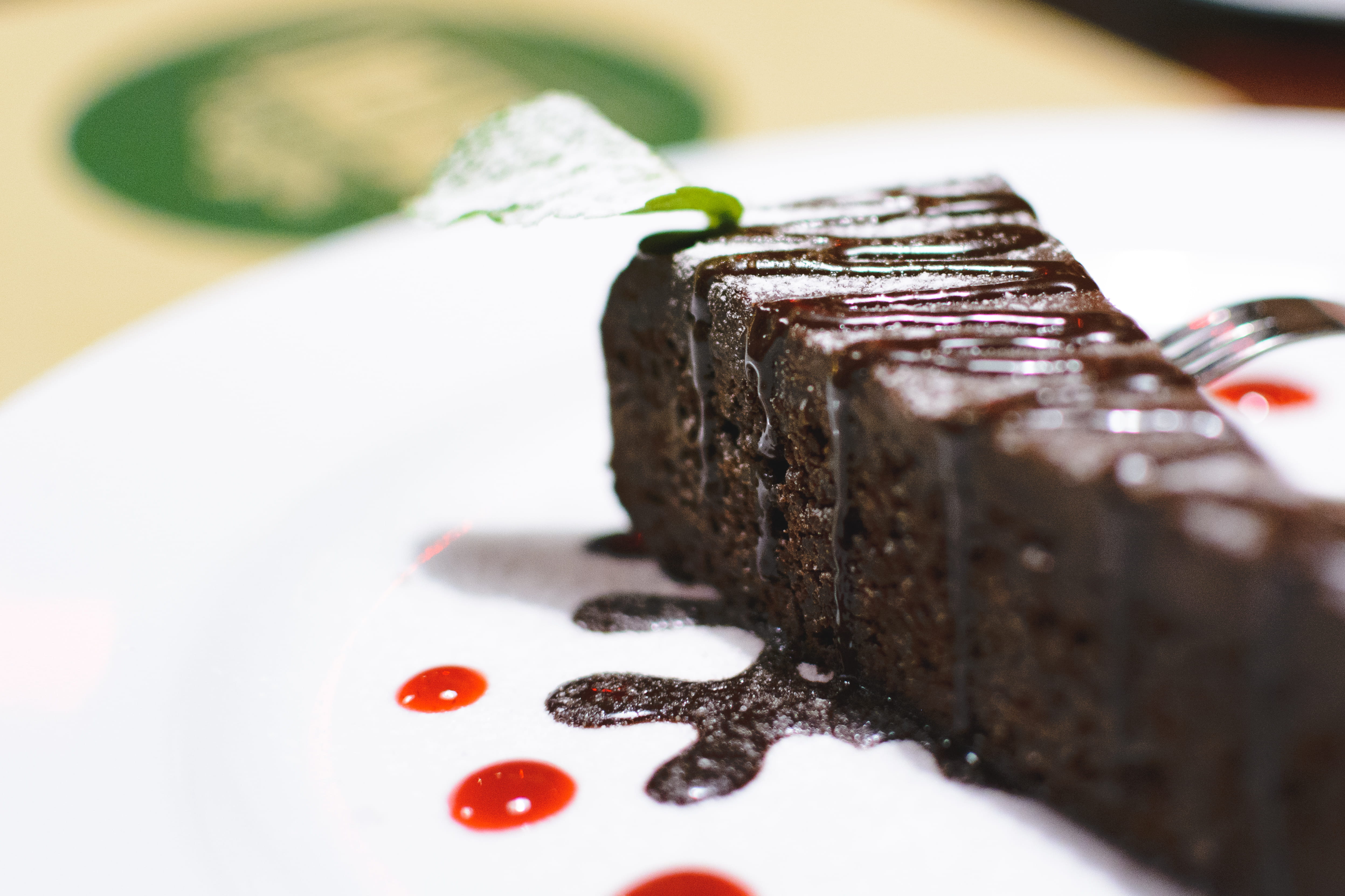chocolate Cake, Chocolate, indoors, restaurant, close-up, temptation, selective focus, eating out, no people, still life, plate, gourmet, candy, refreshment, HD Wallpaper