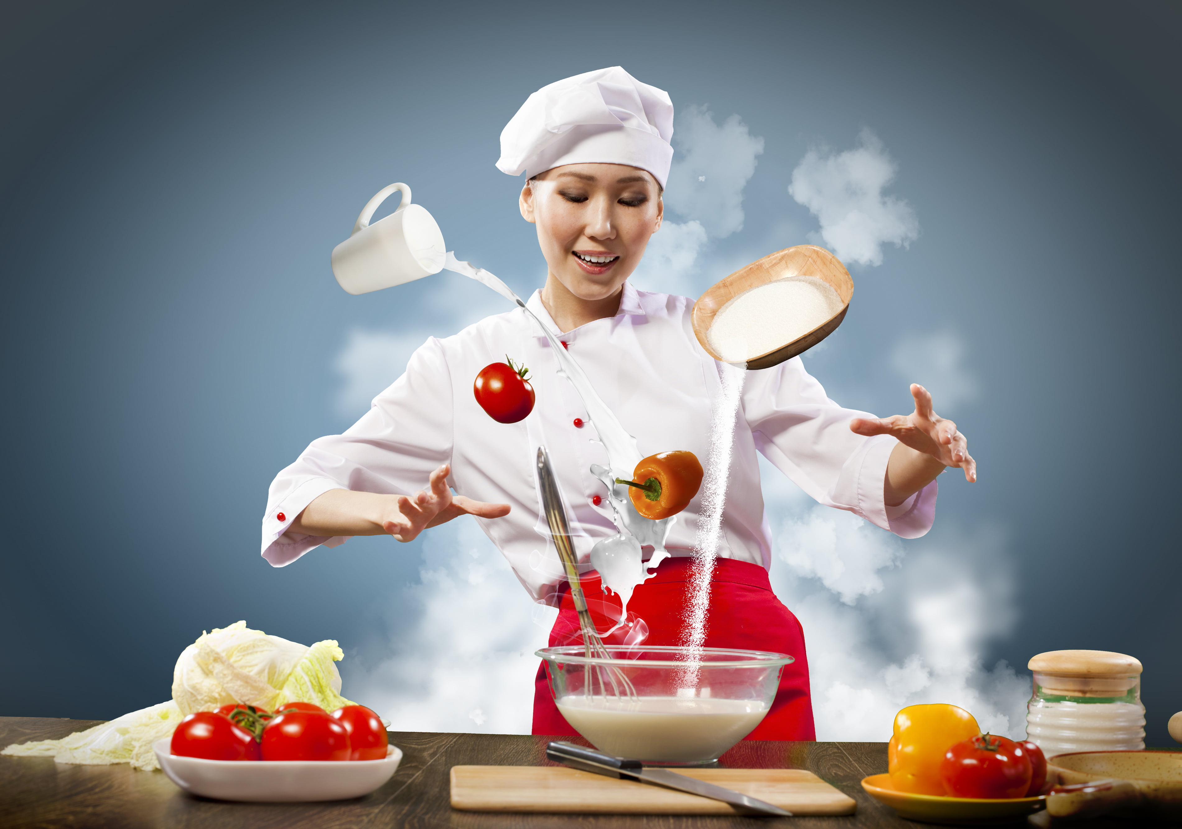 white, gourmet, backgrounds, smiling, young Adult, waist up, expertise, smile, eggs, tomatoes, girl, front view, holding, working, cooking, chef, cheerful, HD Wallpaper